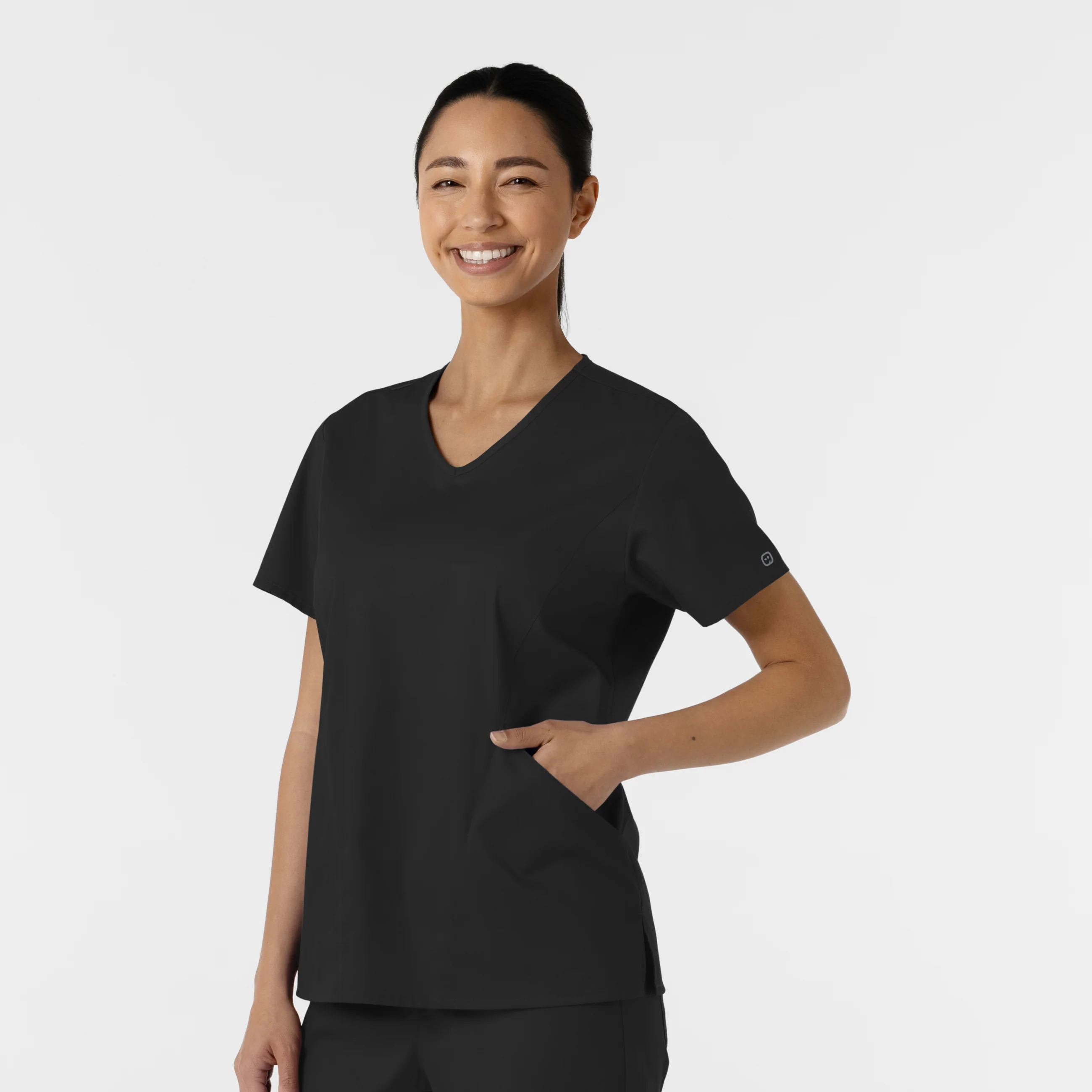 WORK Women's Curved V-Neck Scrub Top - Black - Image 4