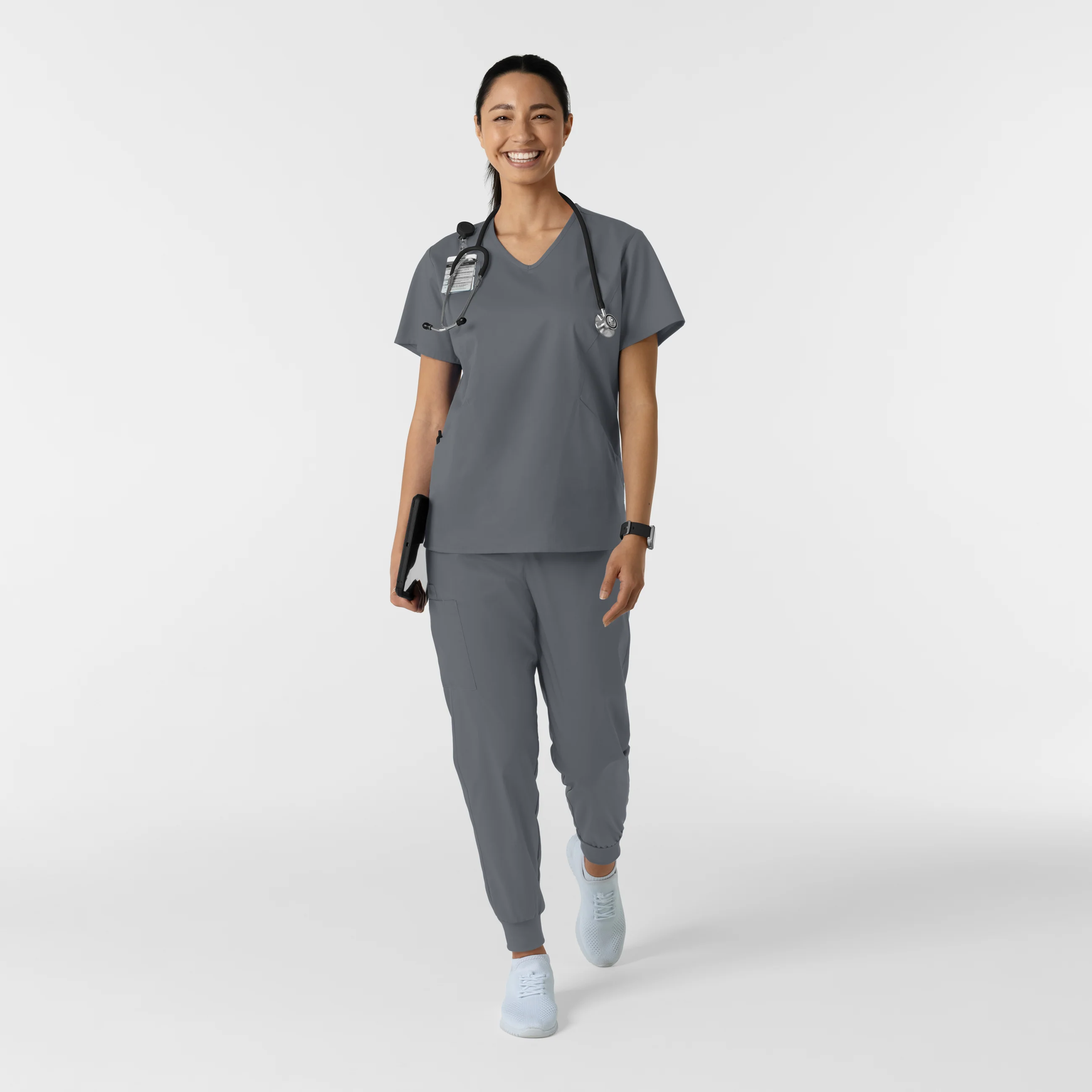 WORK Women's Curved V-Neck Scrub Top - Pewter - Image 3