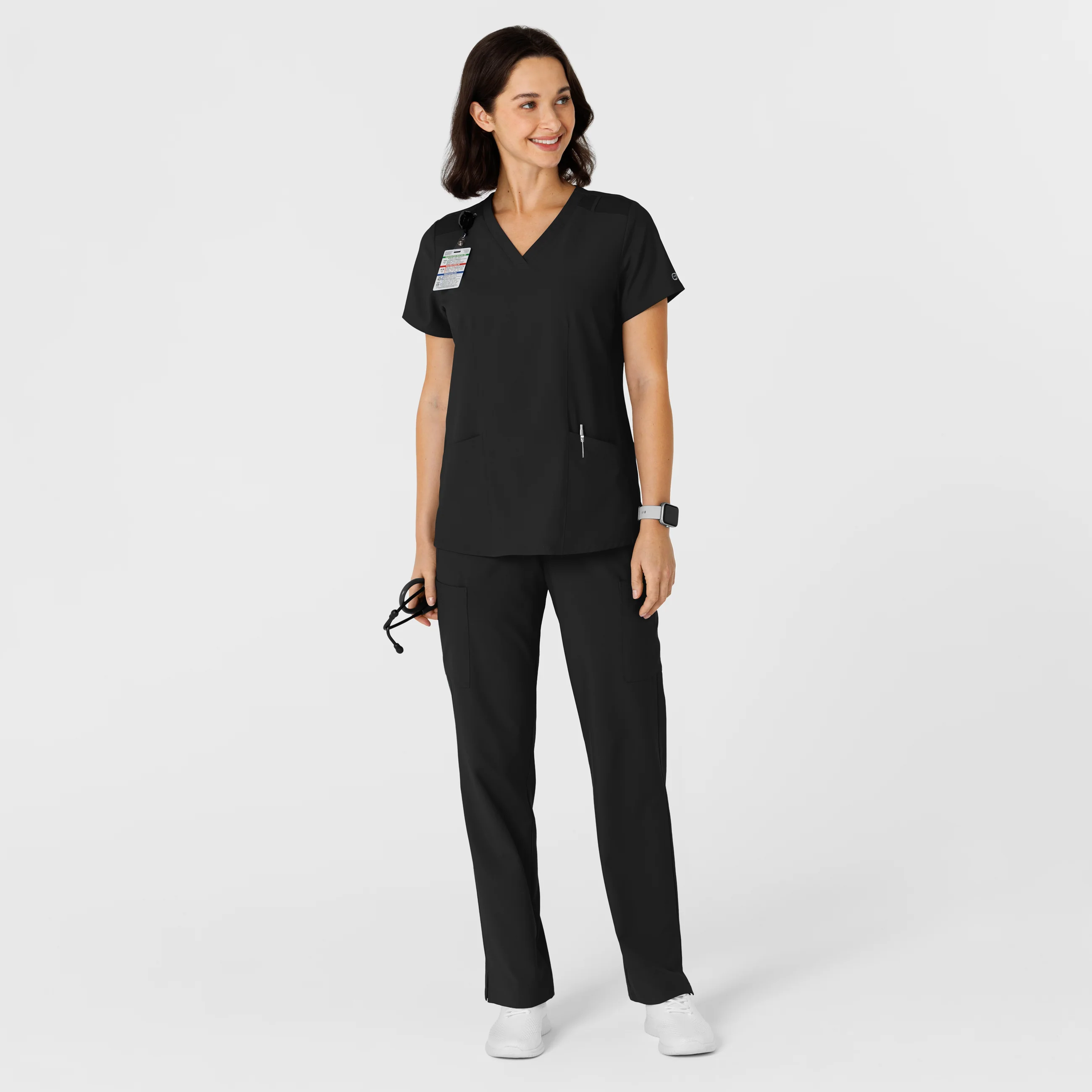 W123 Women's Flex-n-Reach Side Panel V-Neck Scrub Top - Black - Image 3