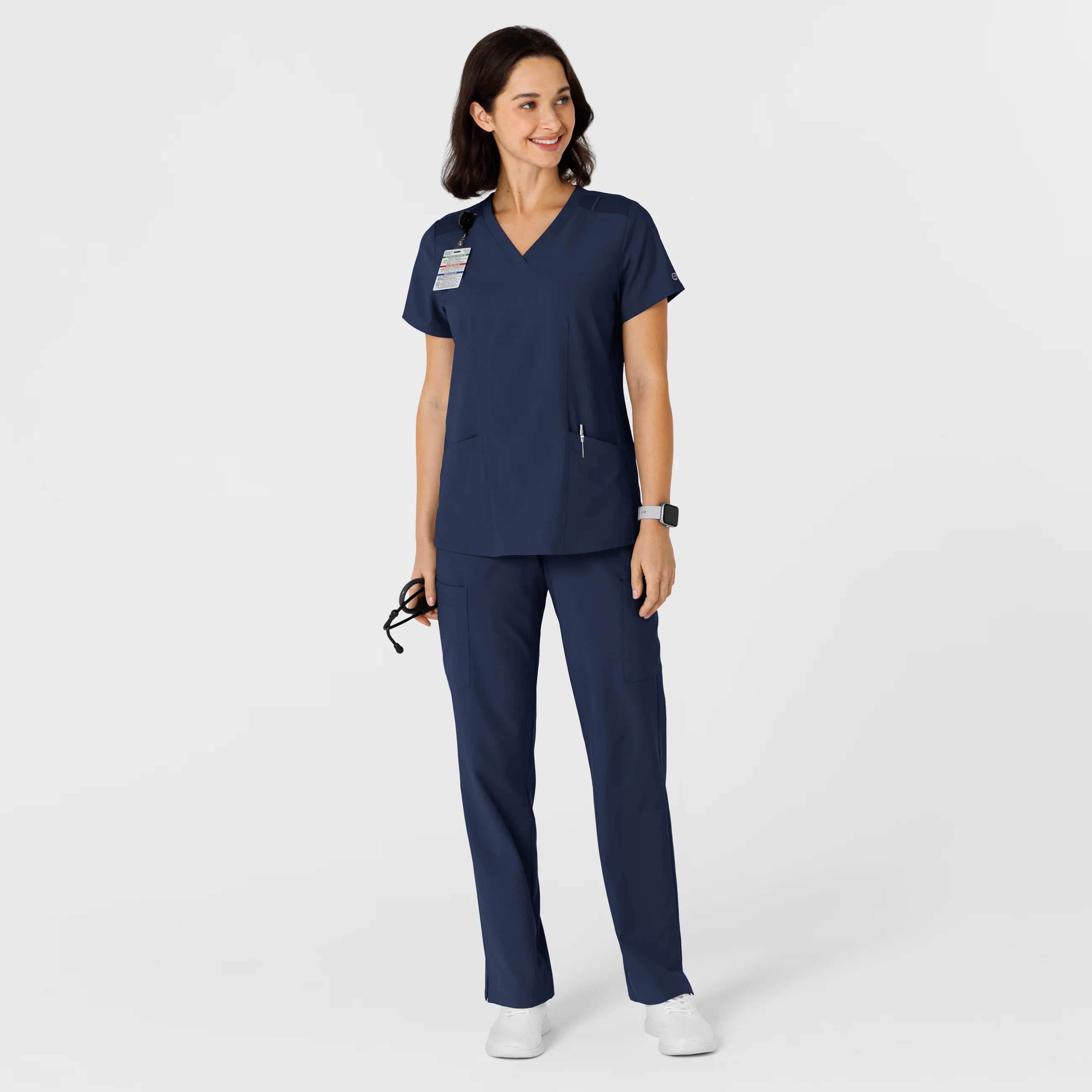 W123 Women's Flex-n-Reach Side Panel V-Neck Scrub Top - Navy - Image 4