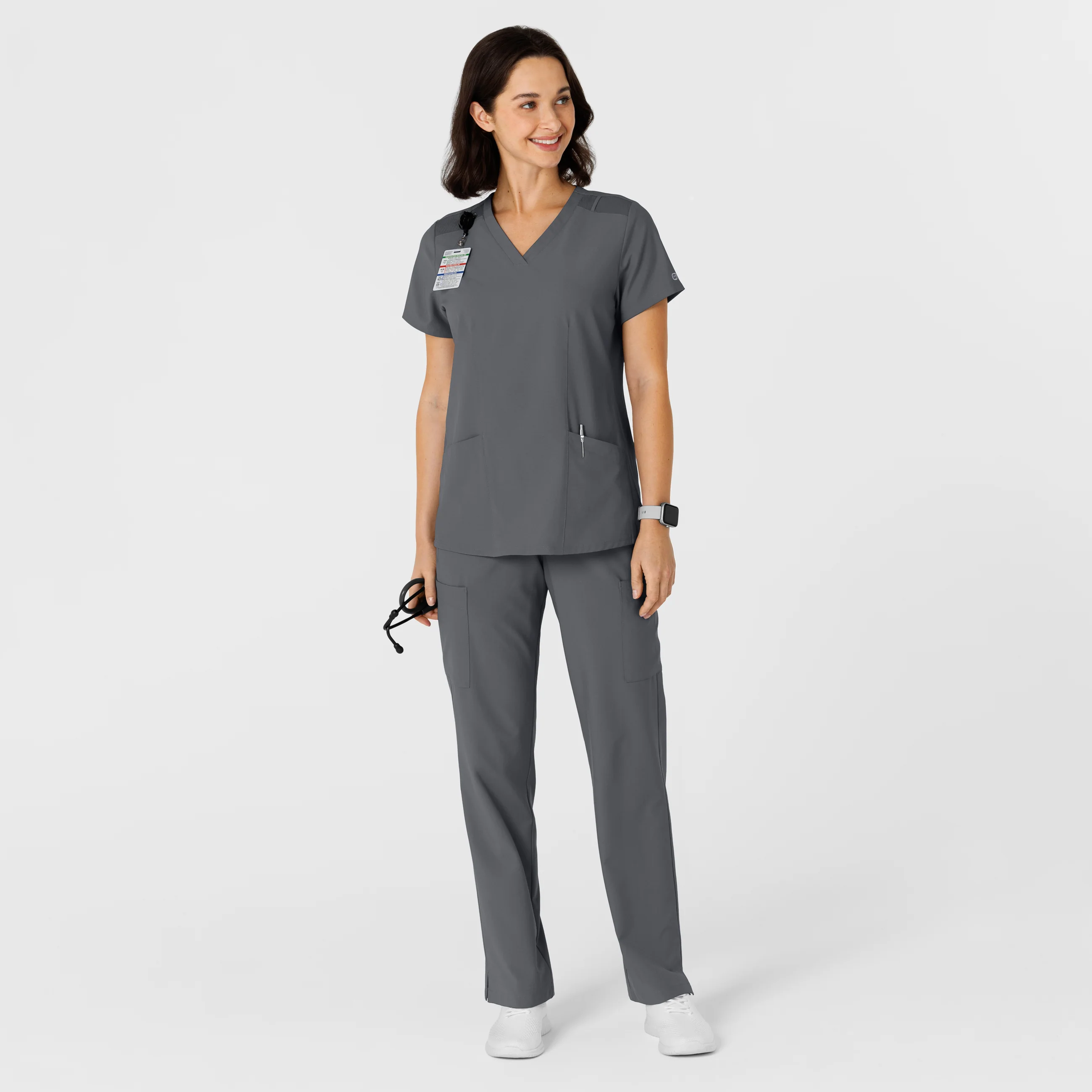 W123 Women's Flex-n-Reach Side Panel V-Neck Scrub Top - Pewter - Image 3