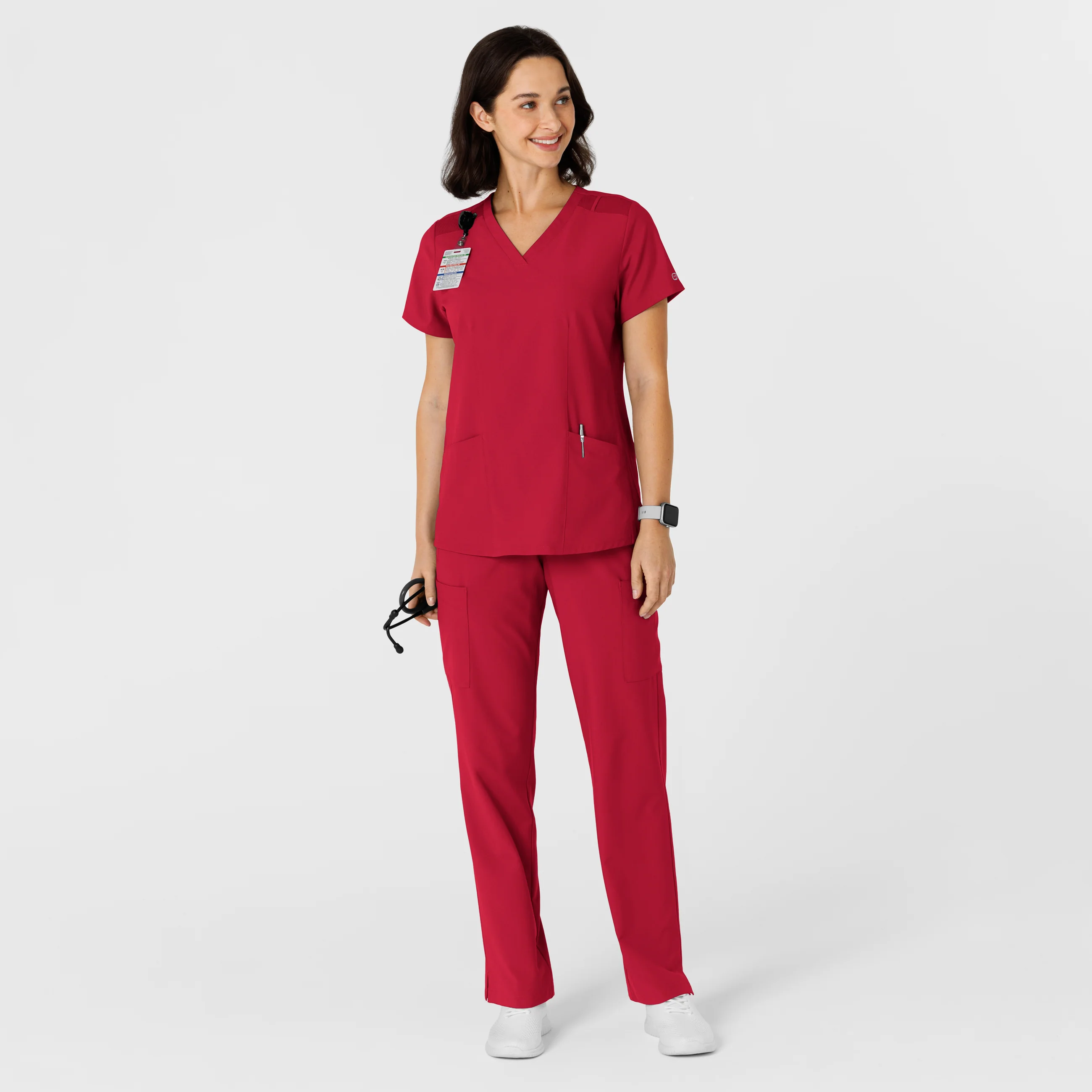 W123 Women's Flex-n-Reach Side Panel V-Neck Scrub Top - Red - Image 3