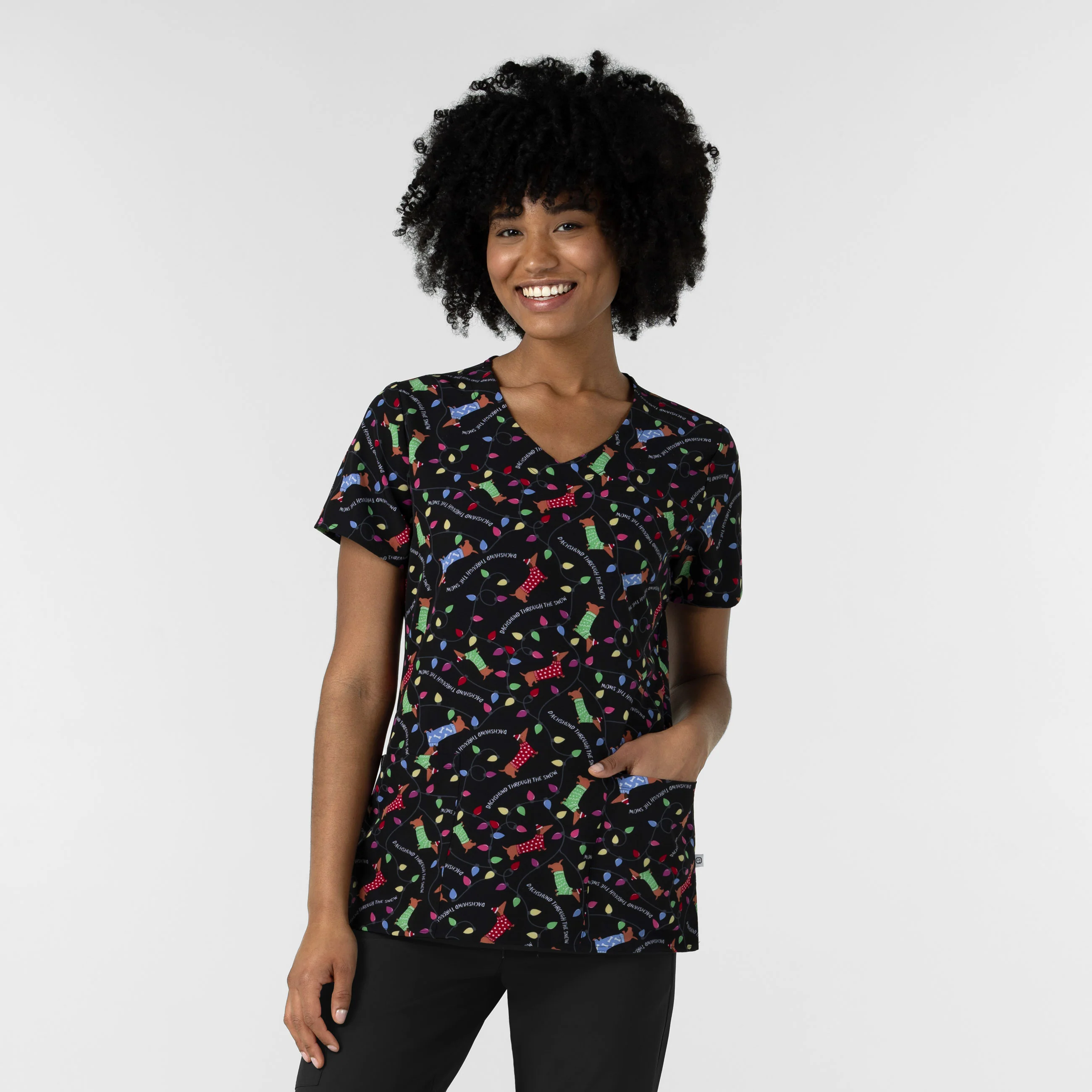 Women's V-Neck Print Scrub Top - Deck the Dogs