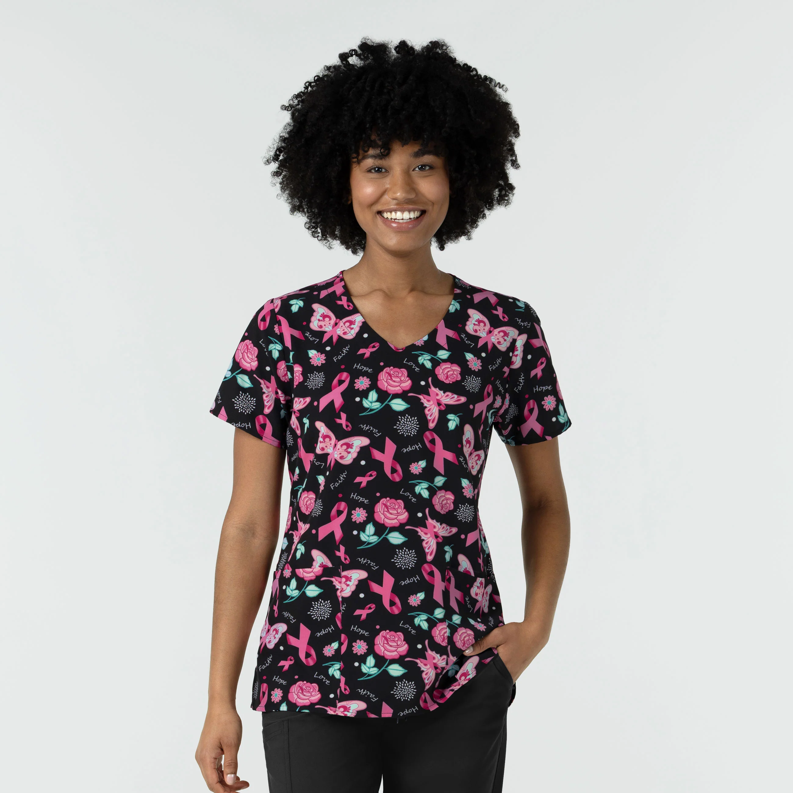 Women's V-Neck Print Scrub Top - Resilient Roses