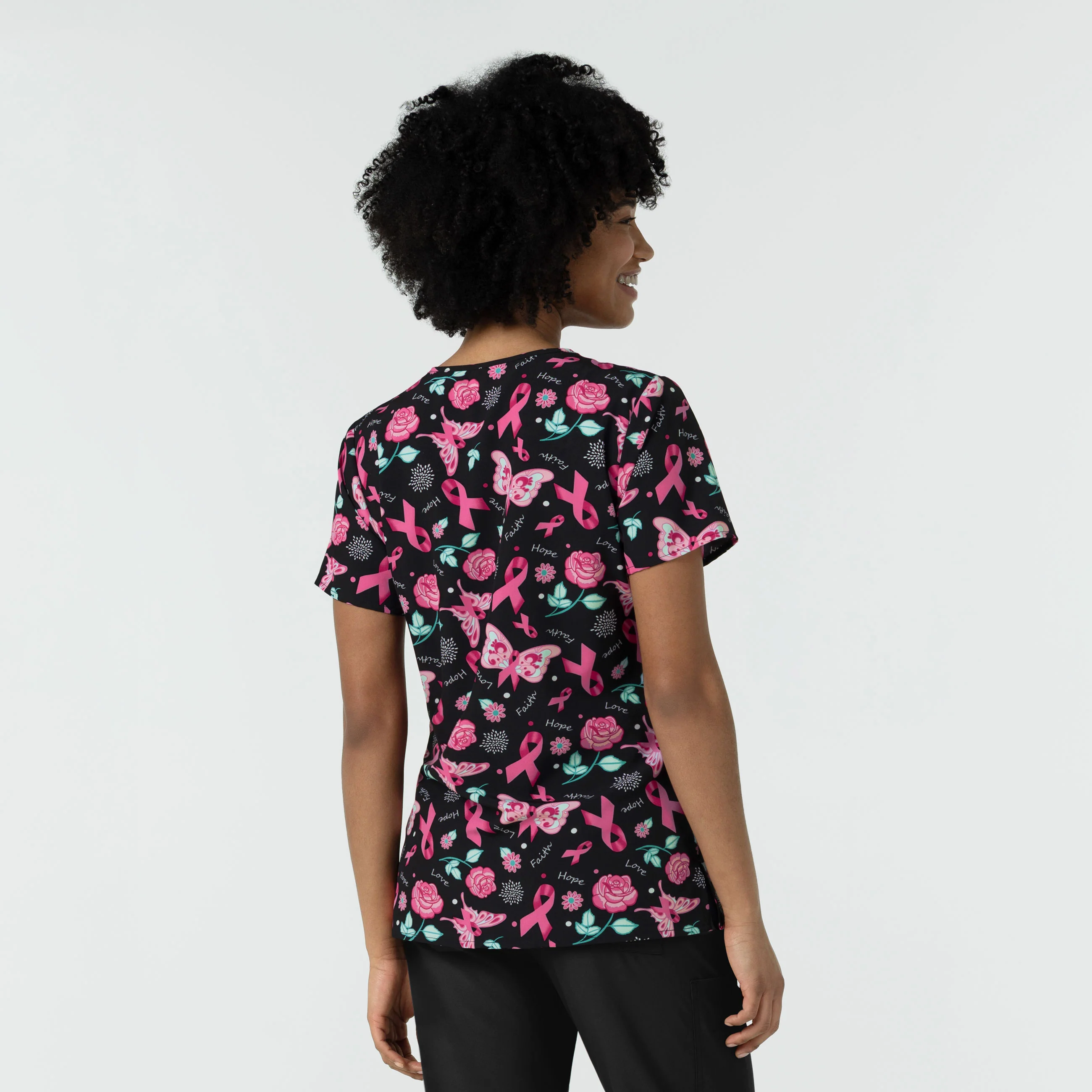 Women's V-Neck Print Scrub Top - Resilient Roses - Image 2