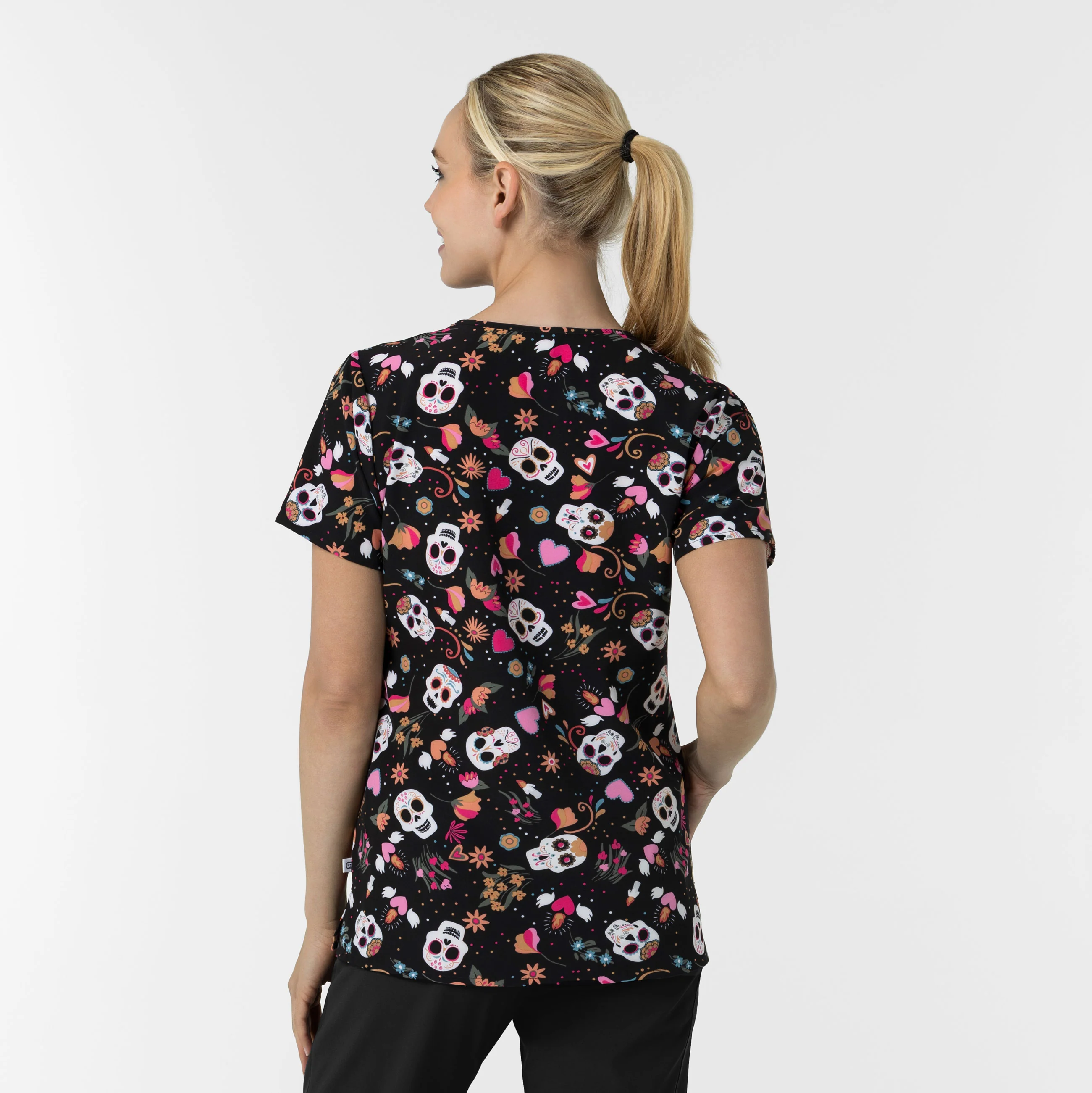 Women's V-Neck Print Scrub Top - Sugar Skull Fiesta - Image 2