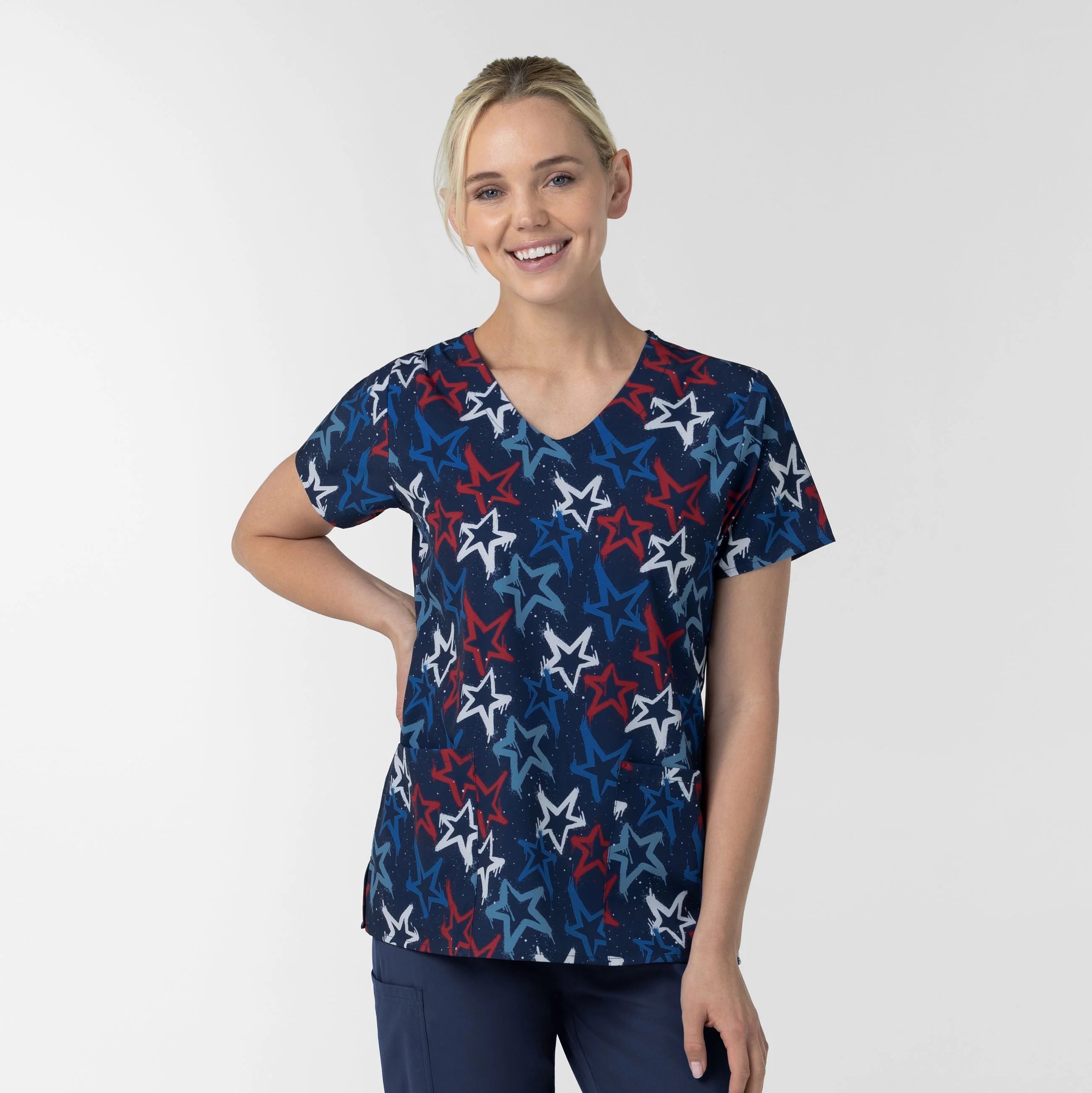 Women's V-Neck Print Scrub Top - Star Spangled Sky