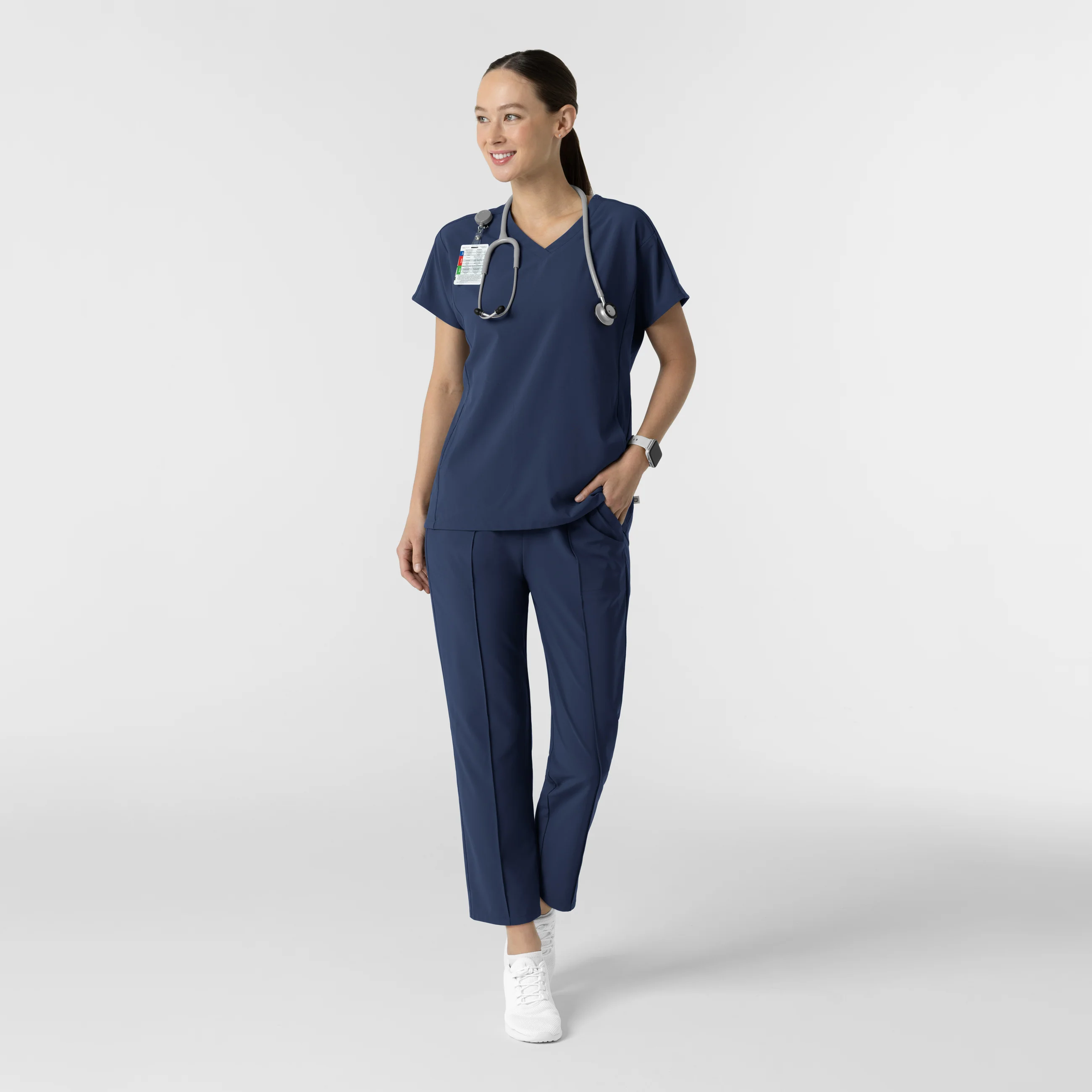 RENEW Women's V-Neck Tunic Scrub Top - Navy - Image 3