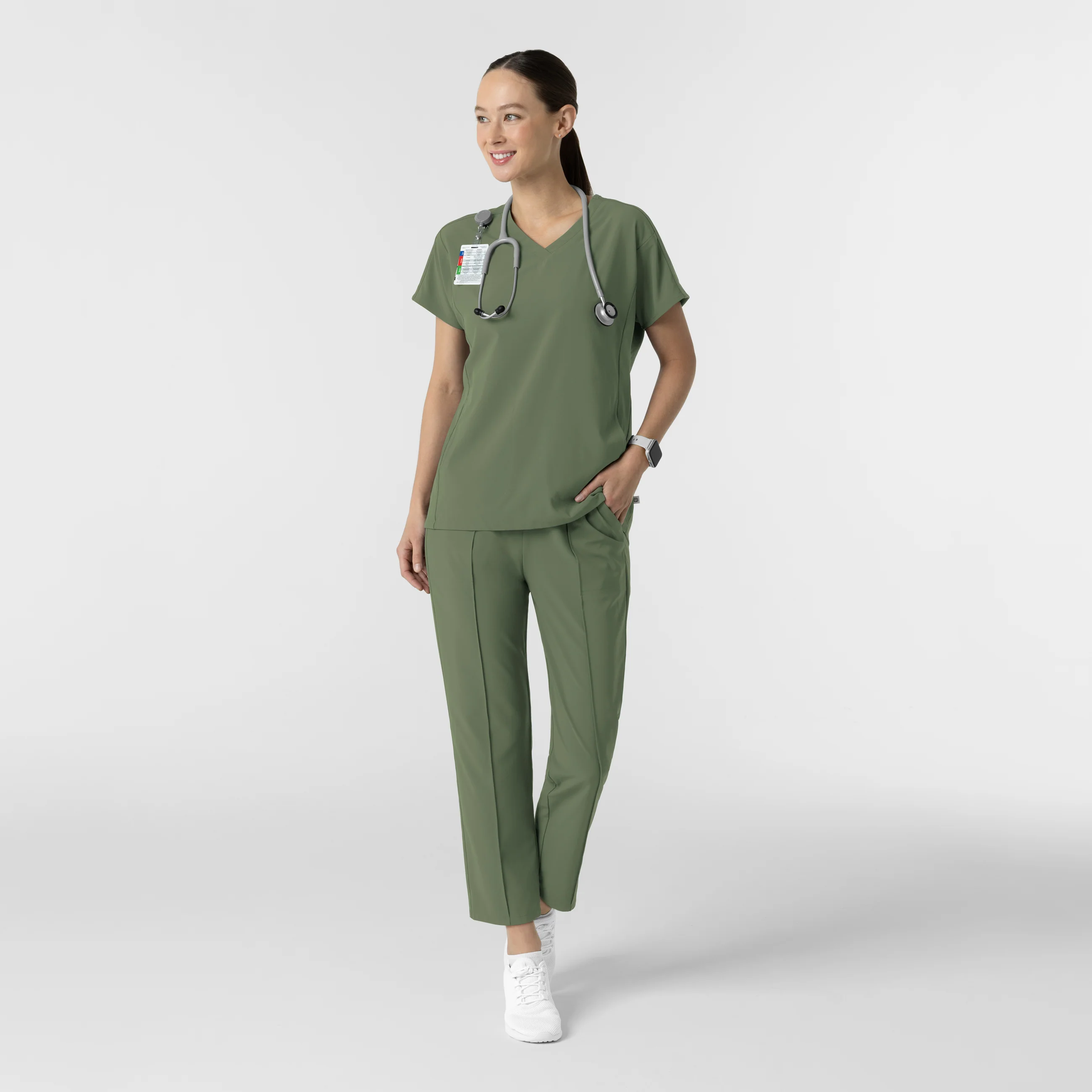 RENEW Women's V-Neck Tunic Scrub Top - Olive - Image 3