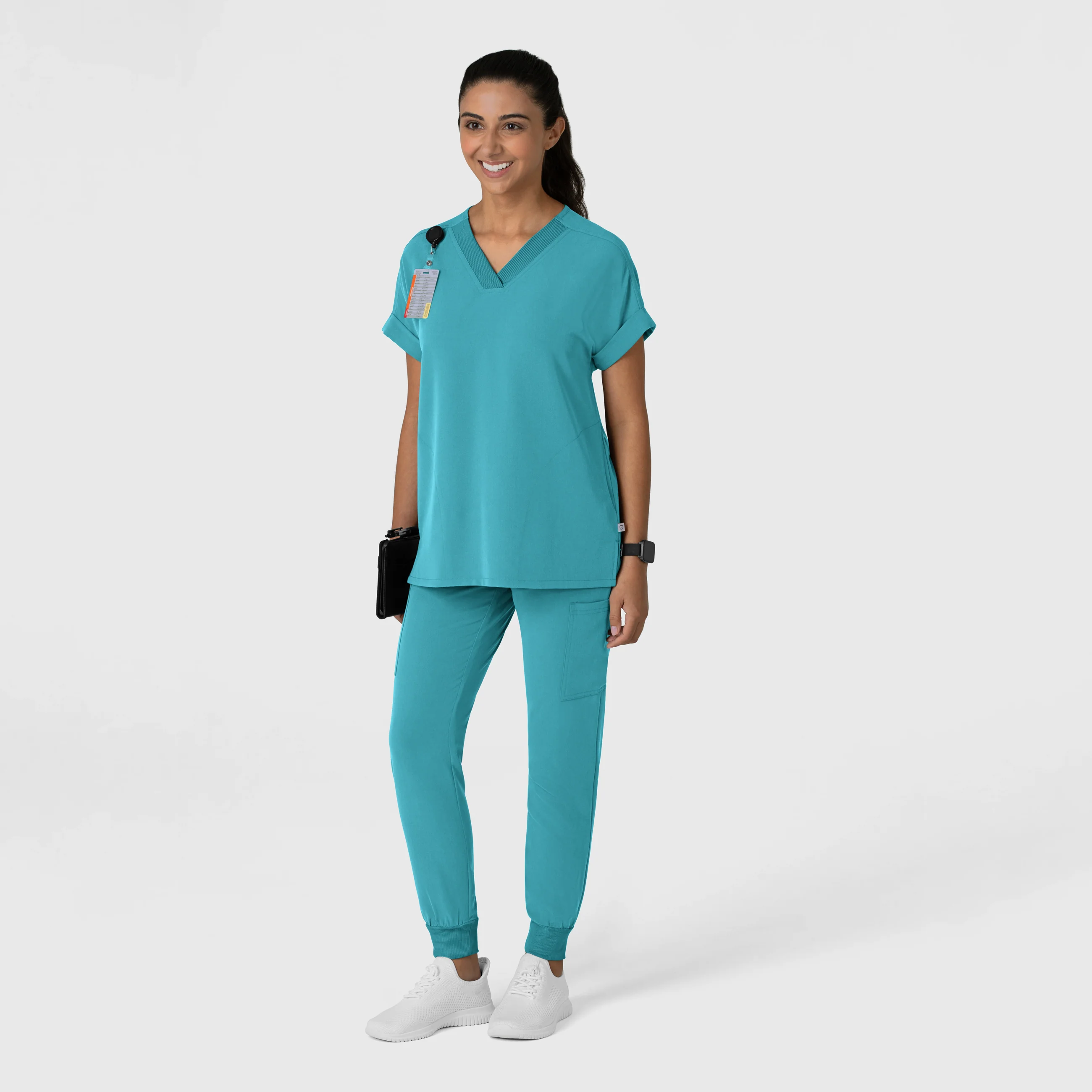 Nova Women's Drop Shoulder Boxy Scrub Top - Teal Blue - Image 7