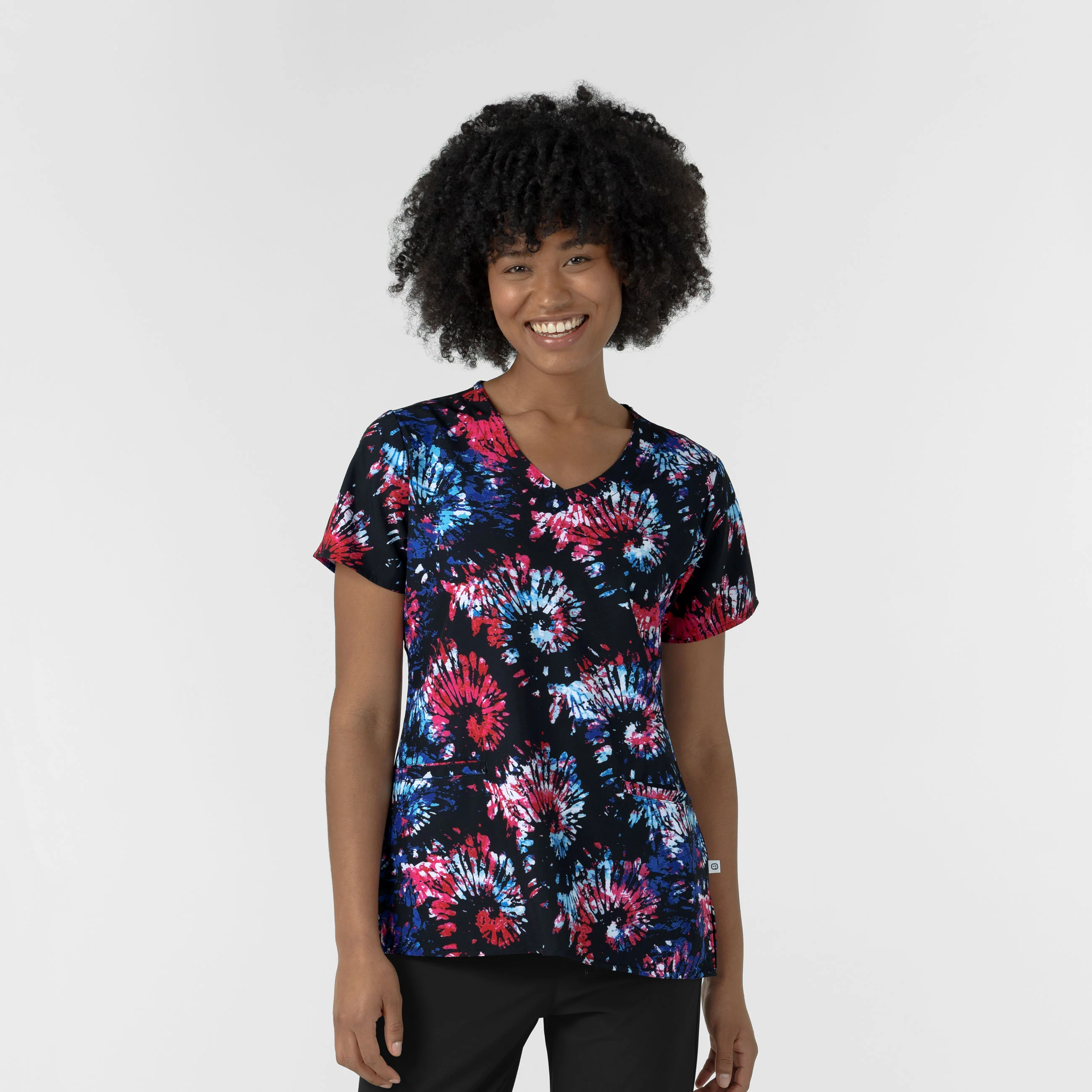 Women's V-Neck Border Print Scrub Top - Freedom Sparkle Black