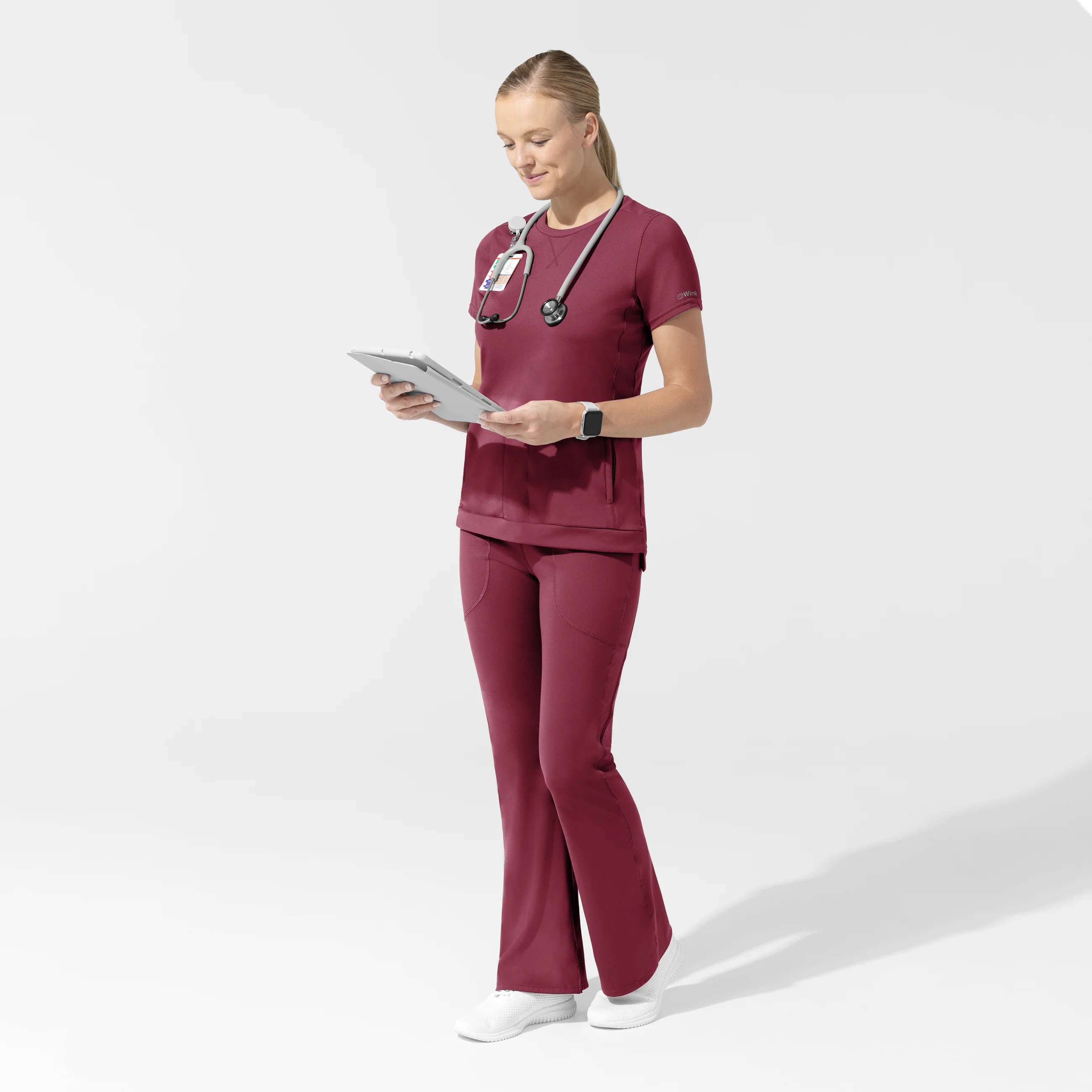 RENEW Knit Women's Flex-n-Reach Crew Neck Scrub Top - Carnation - Image 3