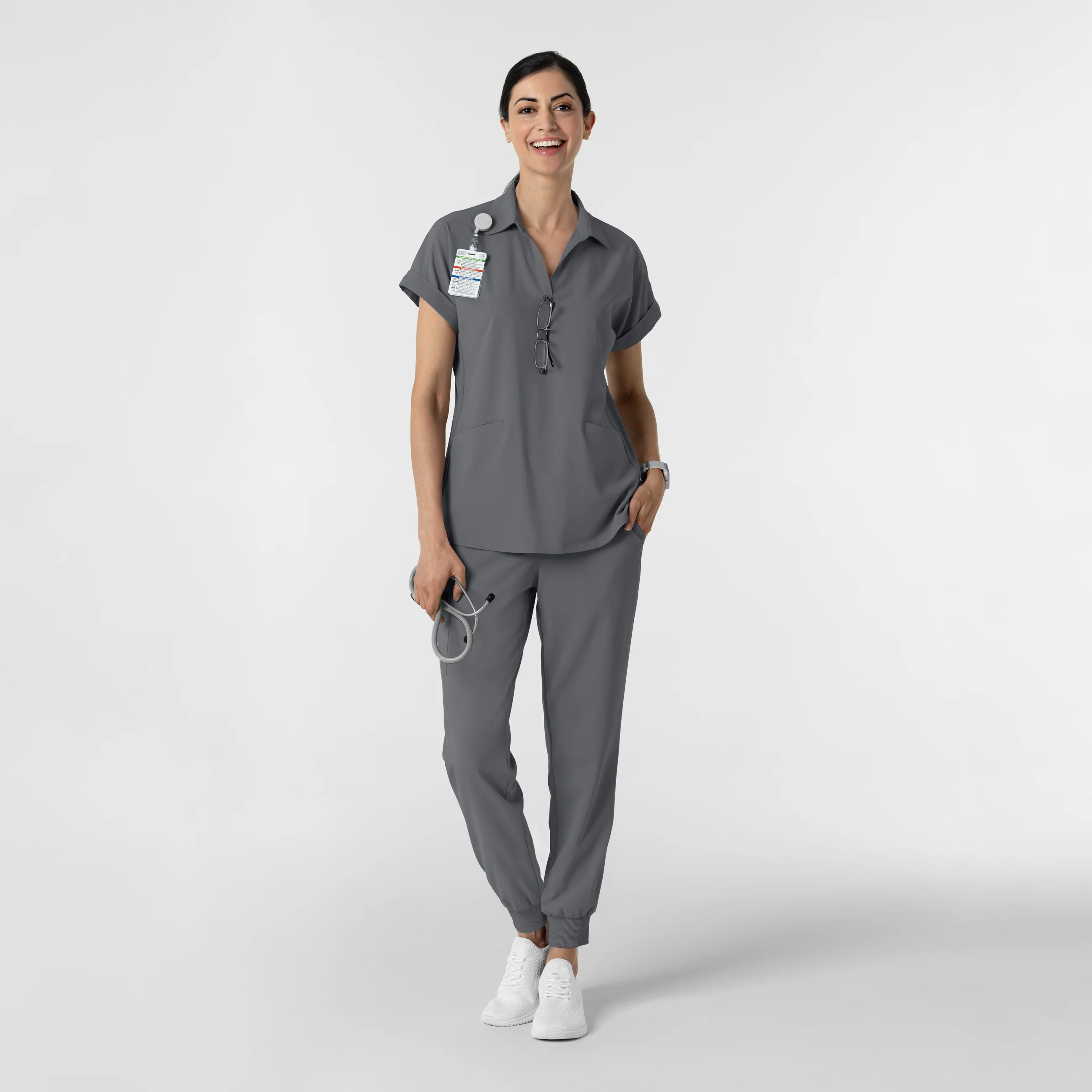 RENEW Women’s Flex-n-Reach Collar Scrub Top - Pewter - Image 3