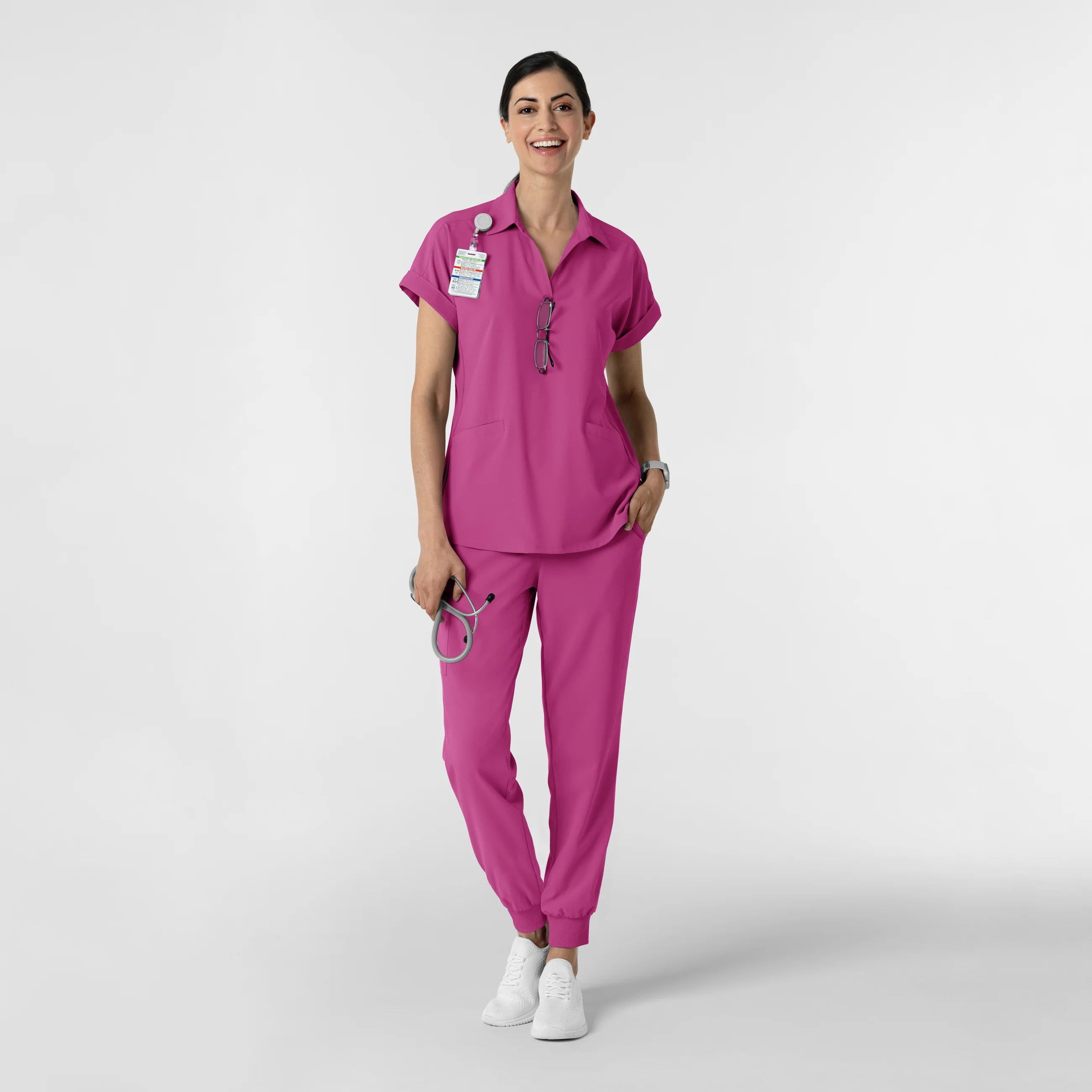 RENEW Women’s Flex-n-Reach Collar Scrub Top - Raspberry - Image 3