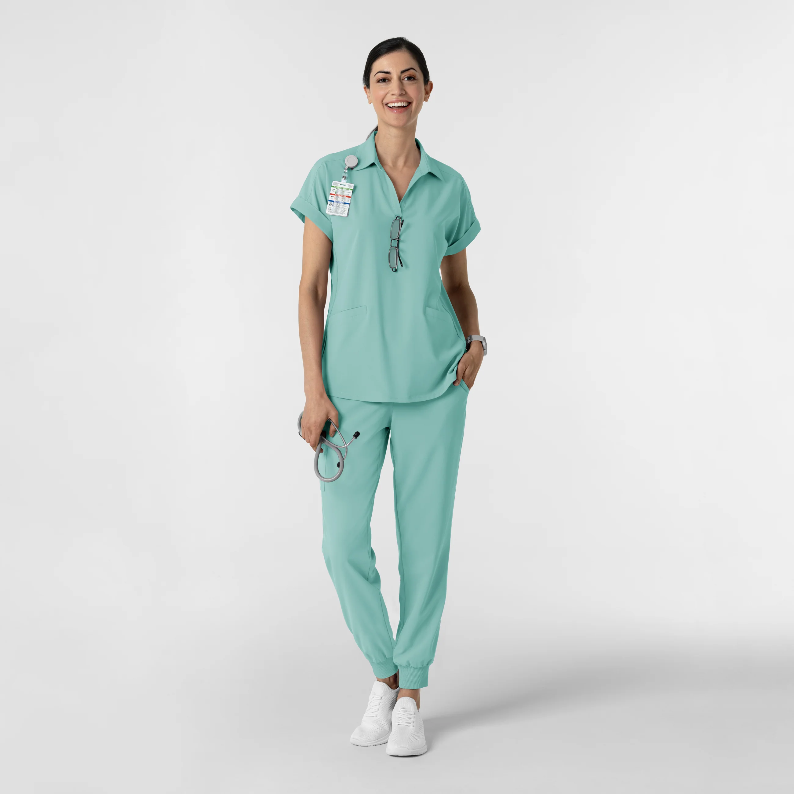 RENEW Women’s Flex-n-Reach Collar Scrub Top - Turquoise - Image 3