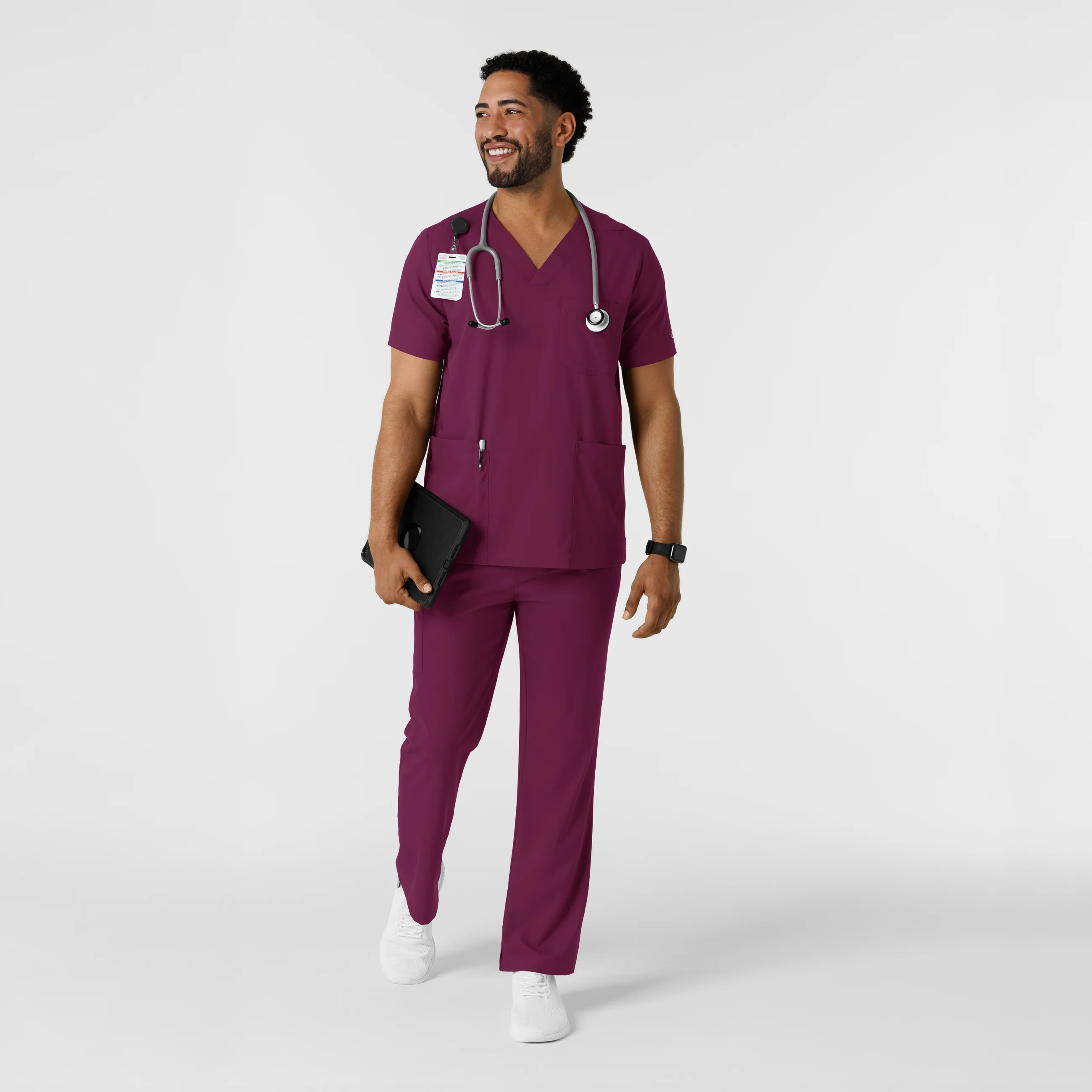 Boundless Men's Multi Pocket V-Neck Scrub Top - Wine - Image 3