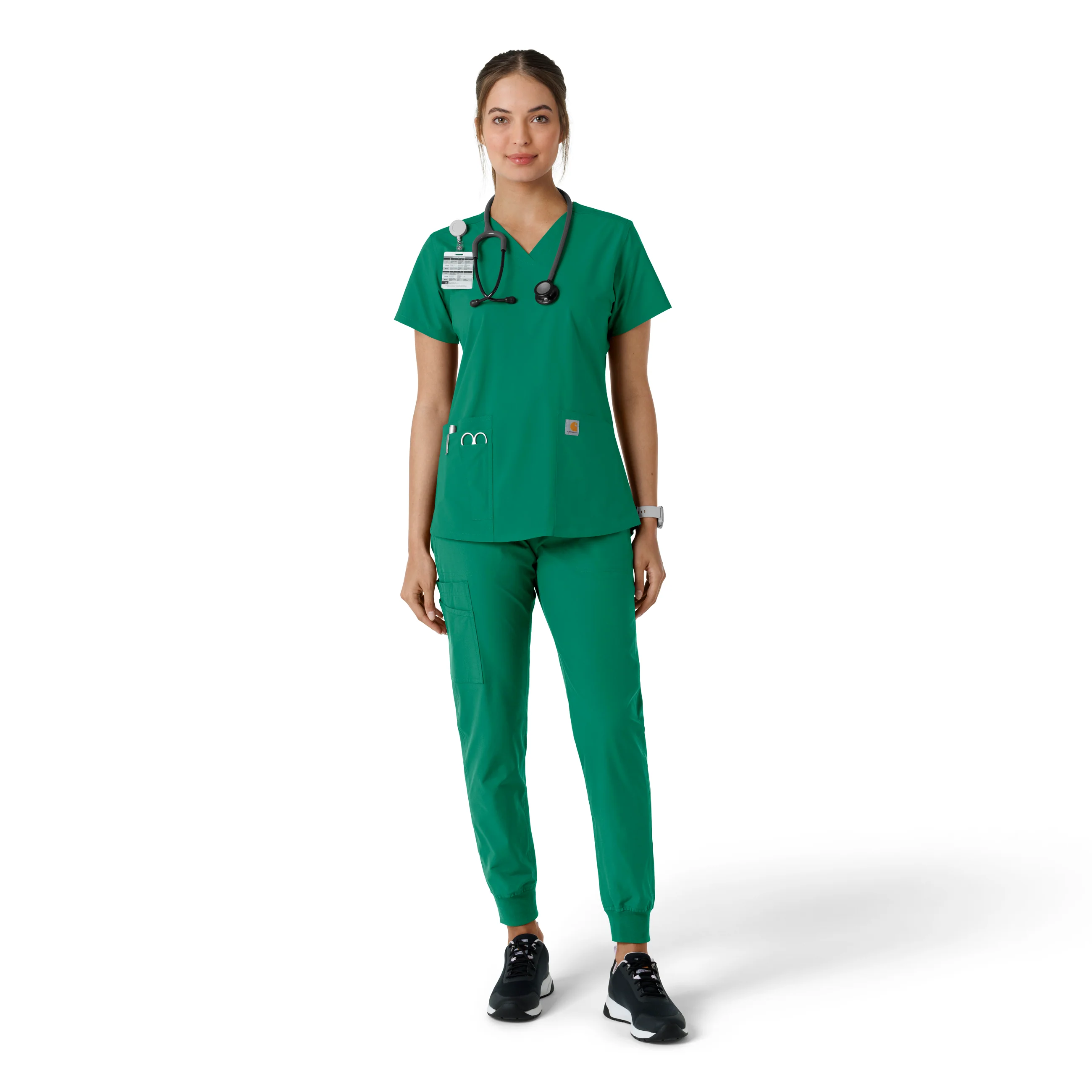 Carhartt Force Essentials Women's V-Neck Knit Panel Scrub Top - Hunter - Image 3