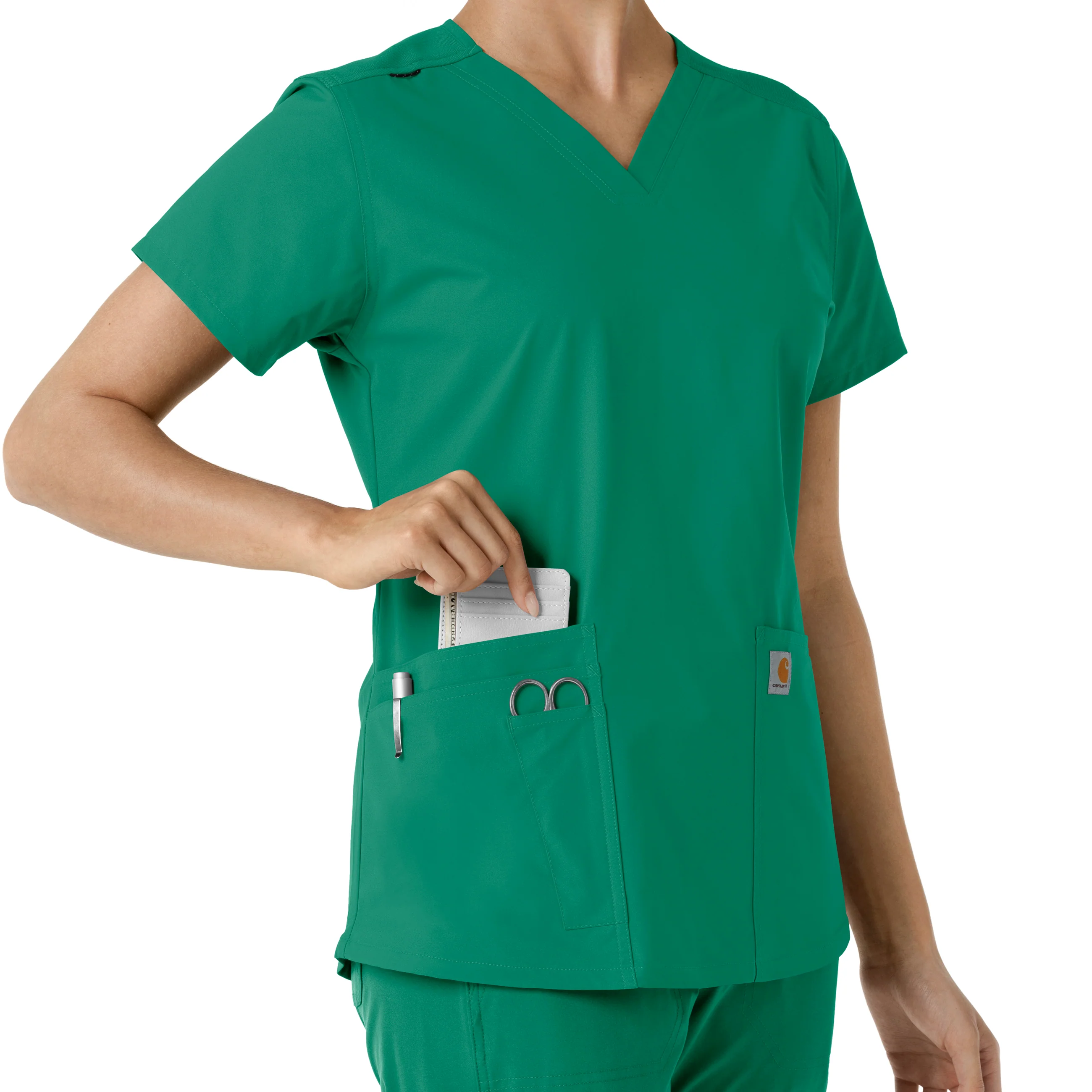 Carhartt Force Essentials Women's V-Neck Knit Panel Scrub Top - Hunter - Image 7