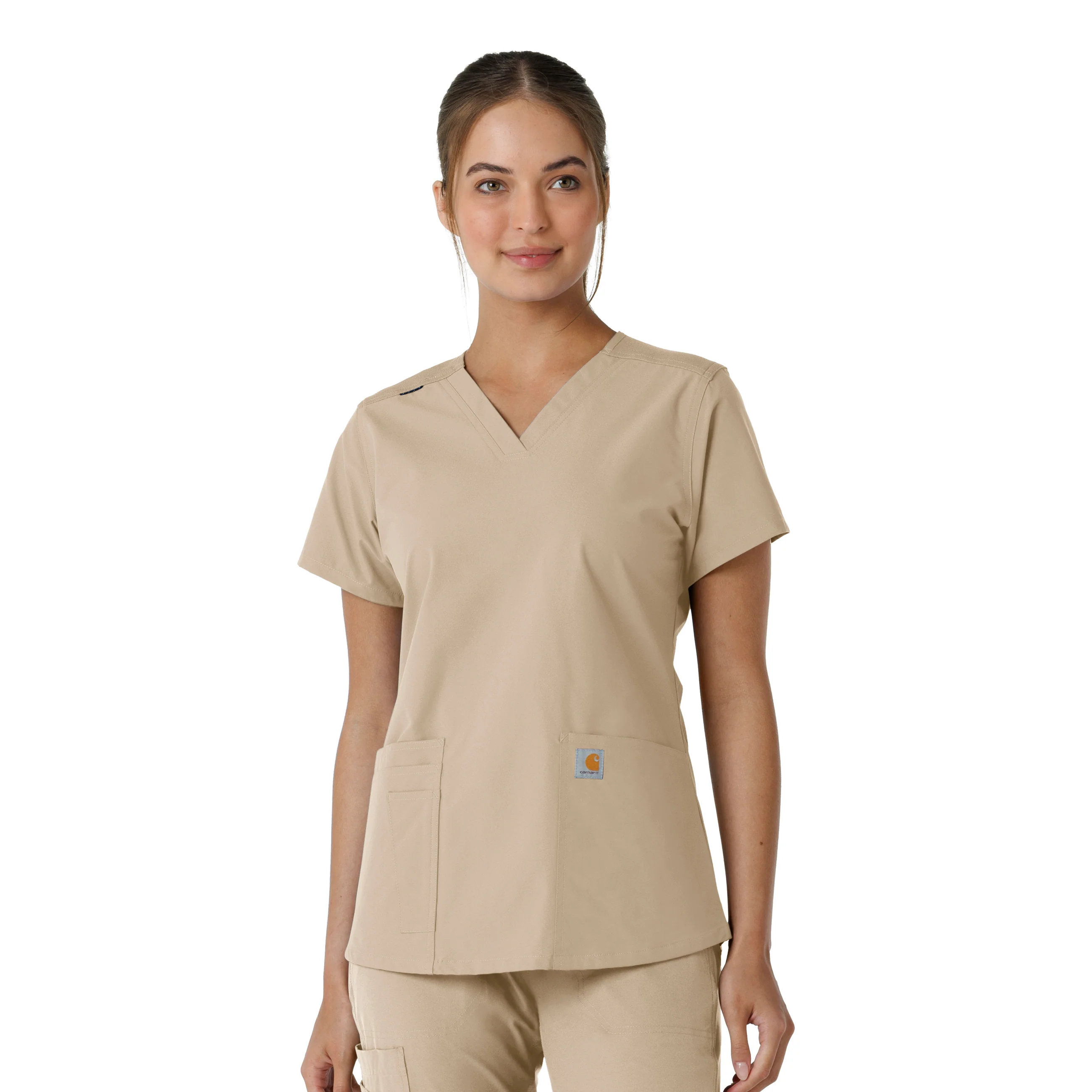 Carhartt Force Essentials Women's V-Neck Knit Panel Scrub Top - Khaki
