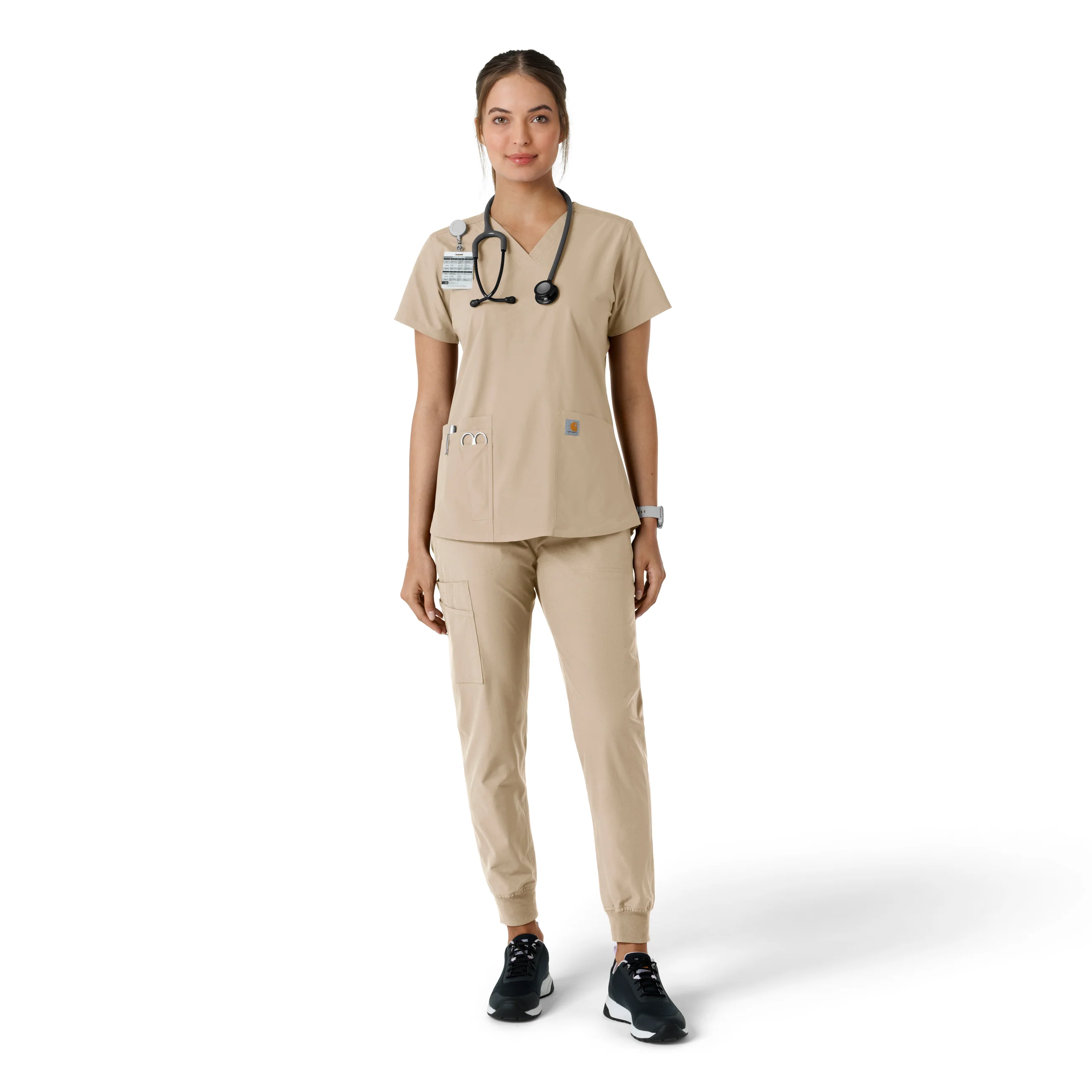 Carhartt Force Essentials Women's V-Neck Knit Panel Scrub Top - Khaki - Image 3