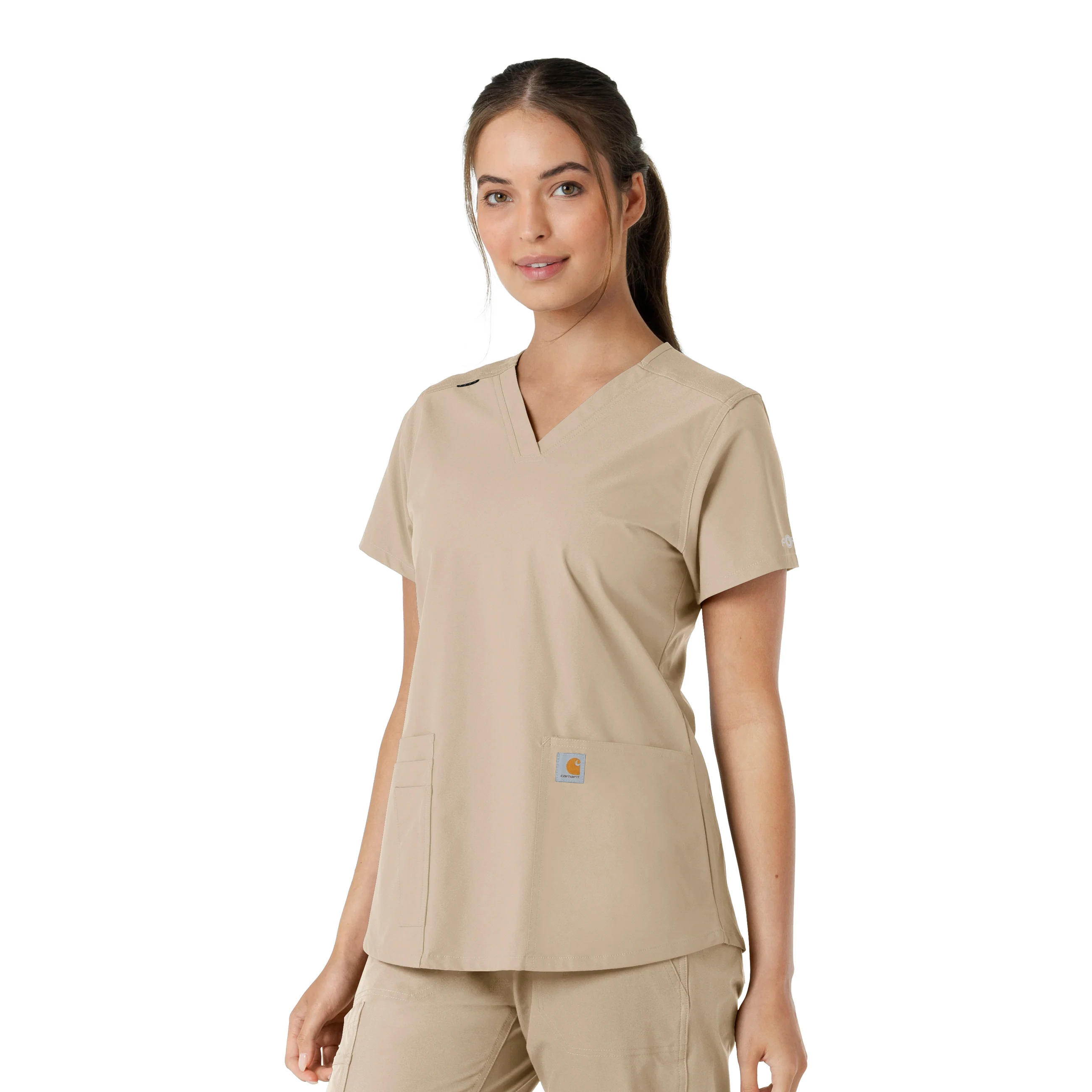 Carhartt Force Essentials Women's V-Neck Knit Panel Scrub Top - Khaki - Image 4