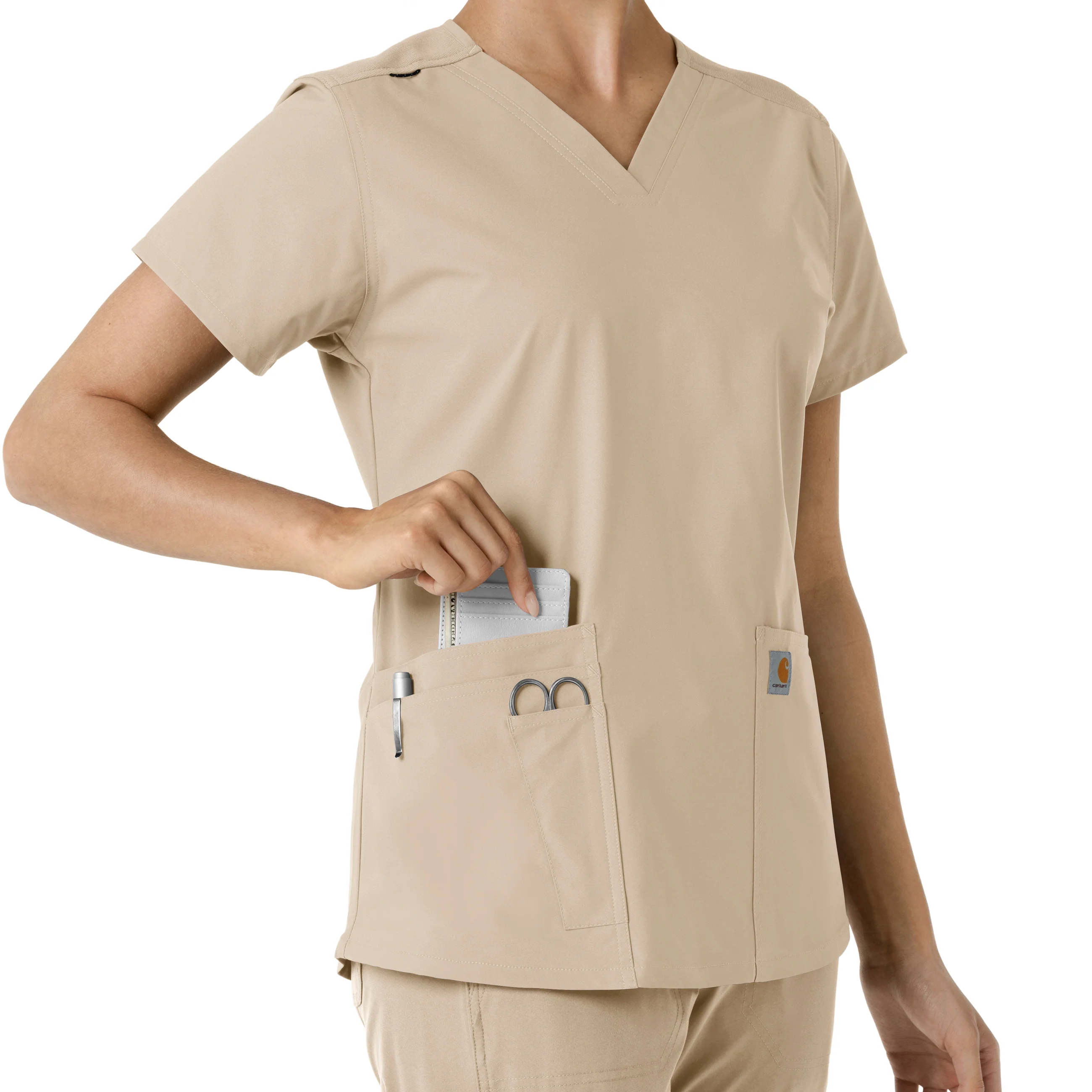 Carhartt Force Essentials Women's V-Neck Knit Panel Scrub Top - Khaki - Image 7