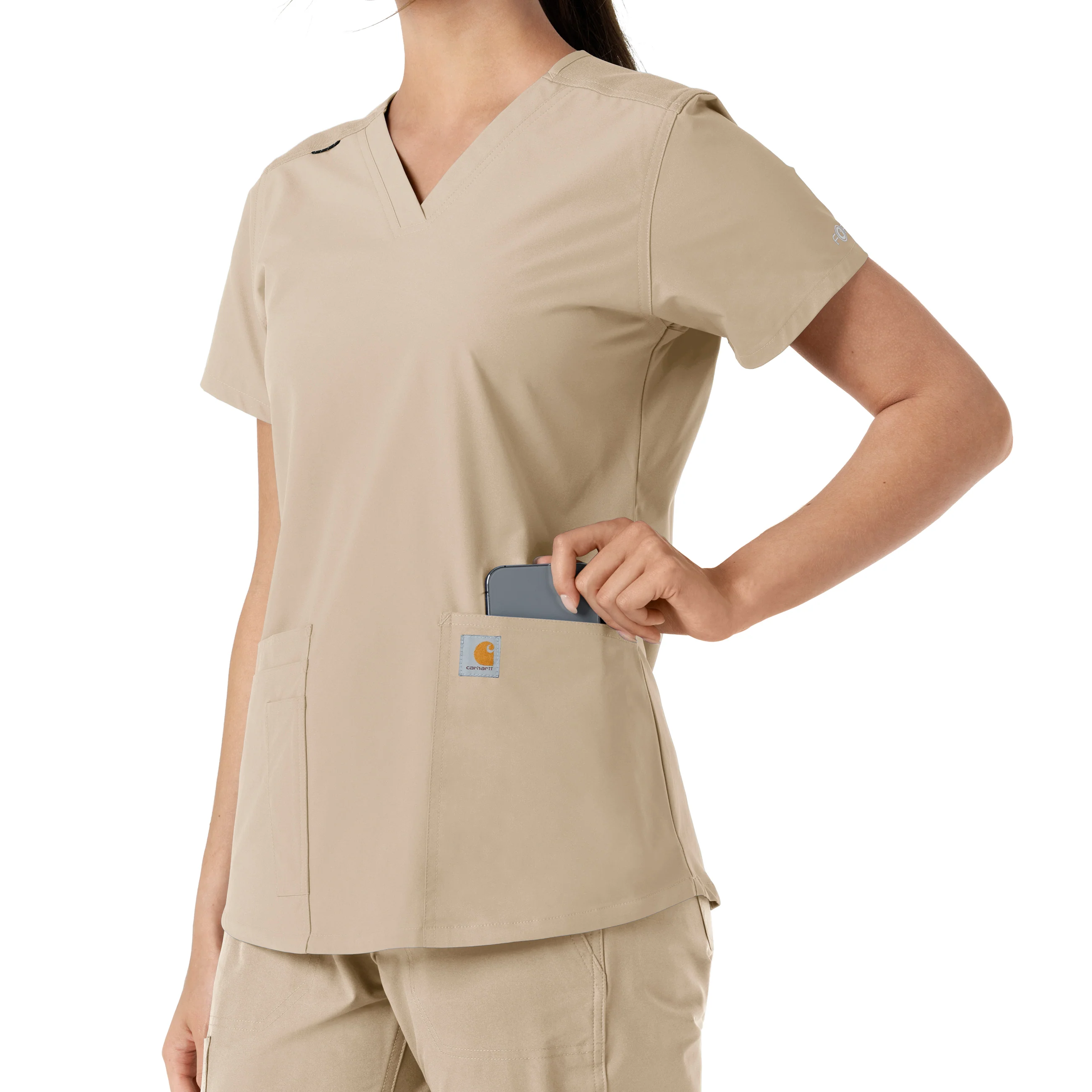 Carhartt Force Essentials Women's V-Neck Knit Panel Scrub Top - Khaki - Image 9