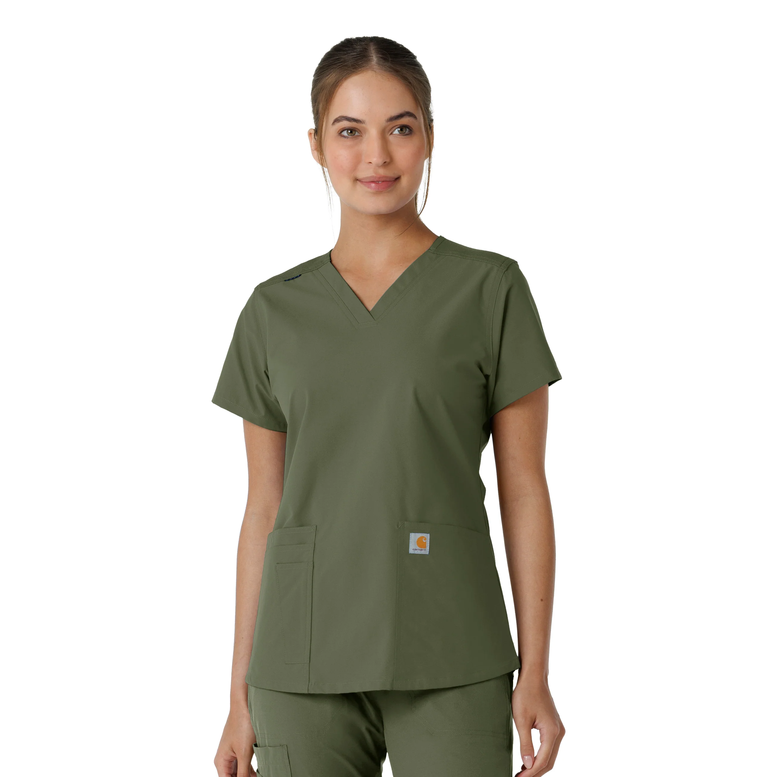 Carhartt Force Essentials Women's V-Neck Knit Panel Scrub Top - Olive