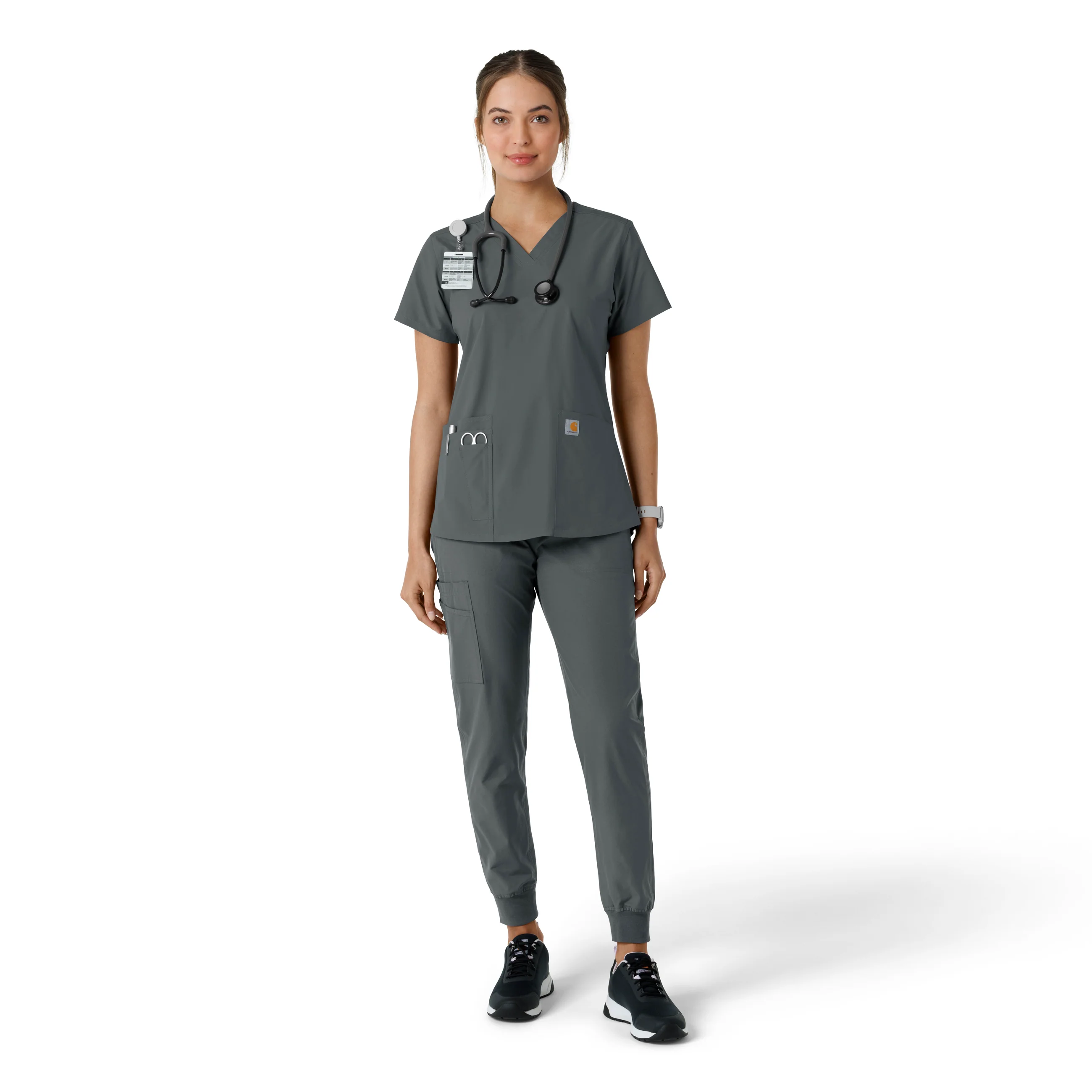 Carhartt Force Essentials Women's V-Neck Knit Panel Scrub Top - Pewter - Image 3