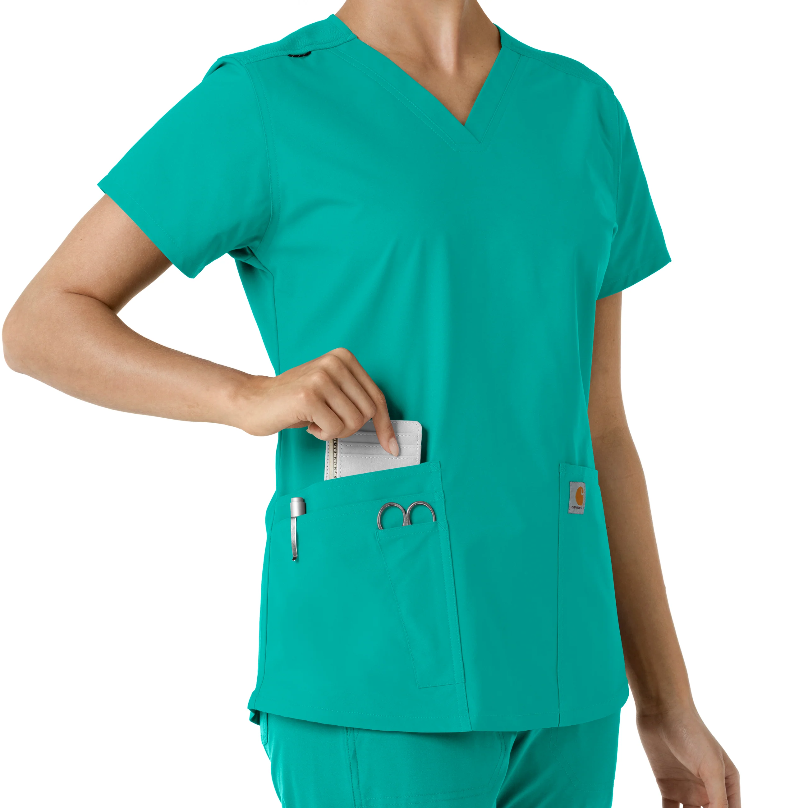 Carhartt Force Essentials Women's V-Neck Knit Panel Scrub Top - Teal - Image 7