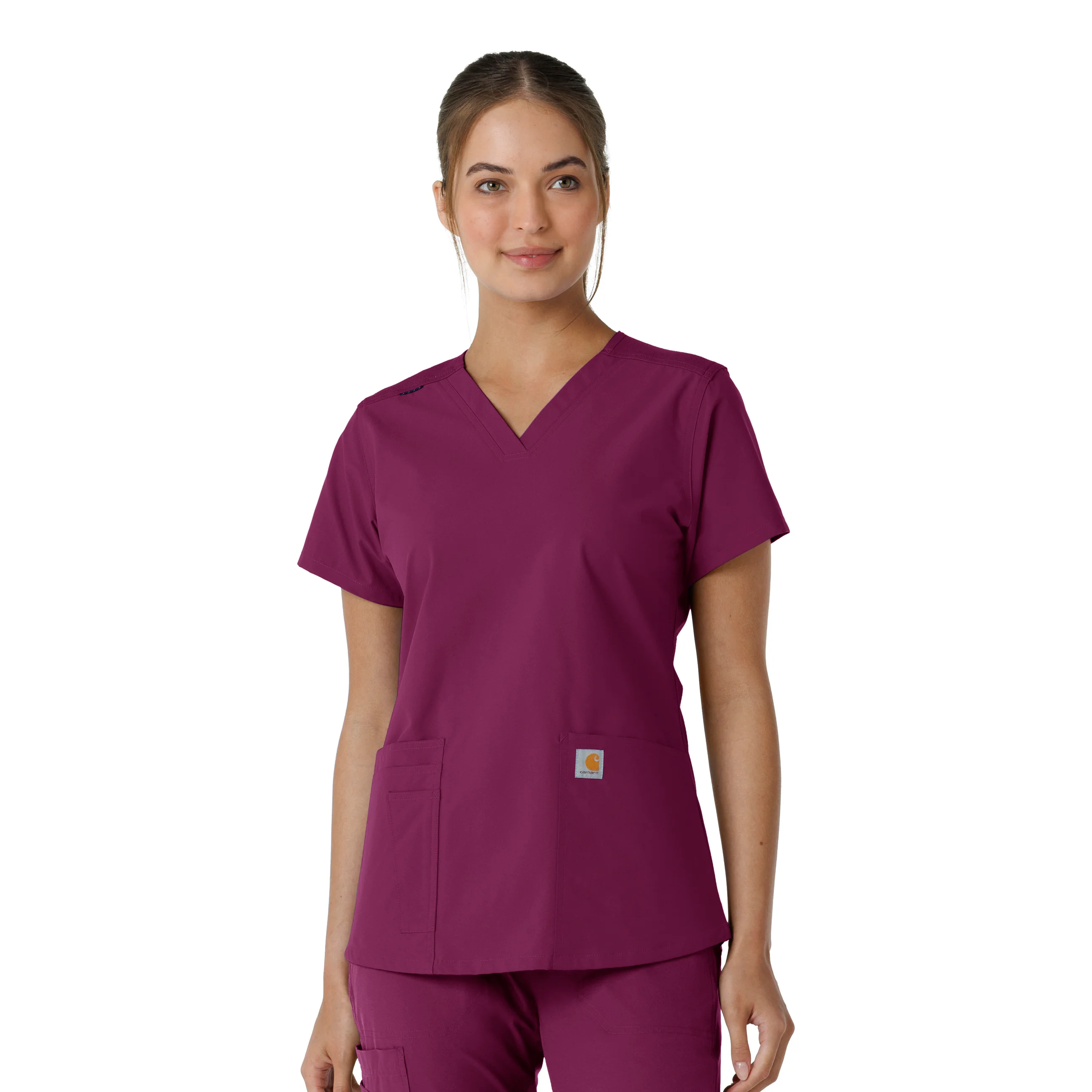 Carhartt Force Essentials Women's V-Neck Knit Panel Scrub Top - Wine