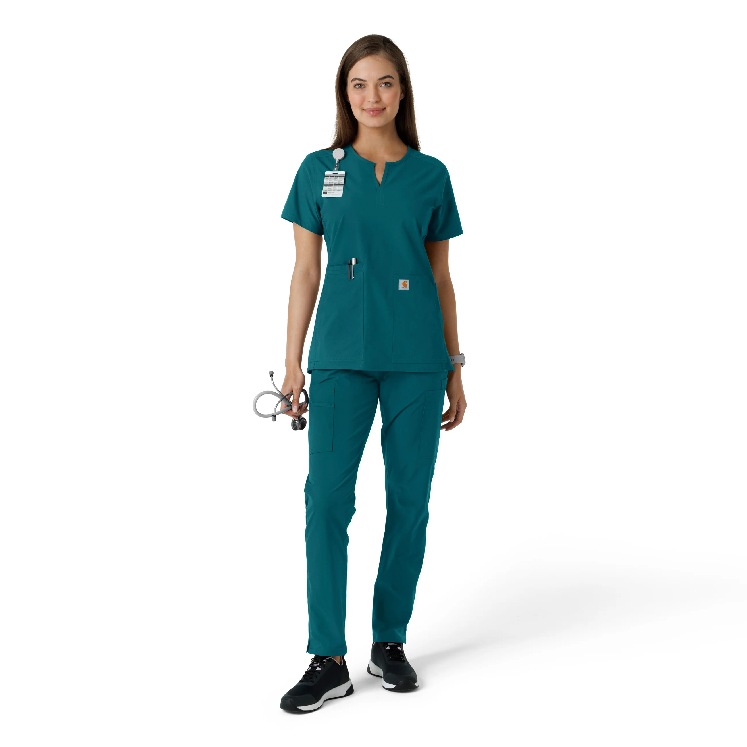 Carhartt Force Essentials Women's Notch Neck Tunic Knit Panel Scrub Top - Caribbean - Image 3