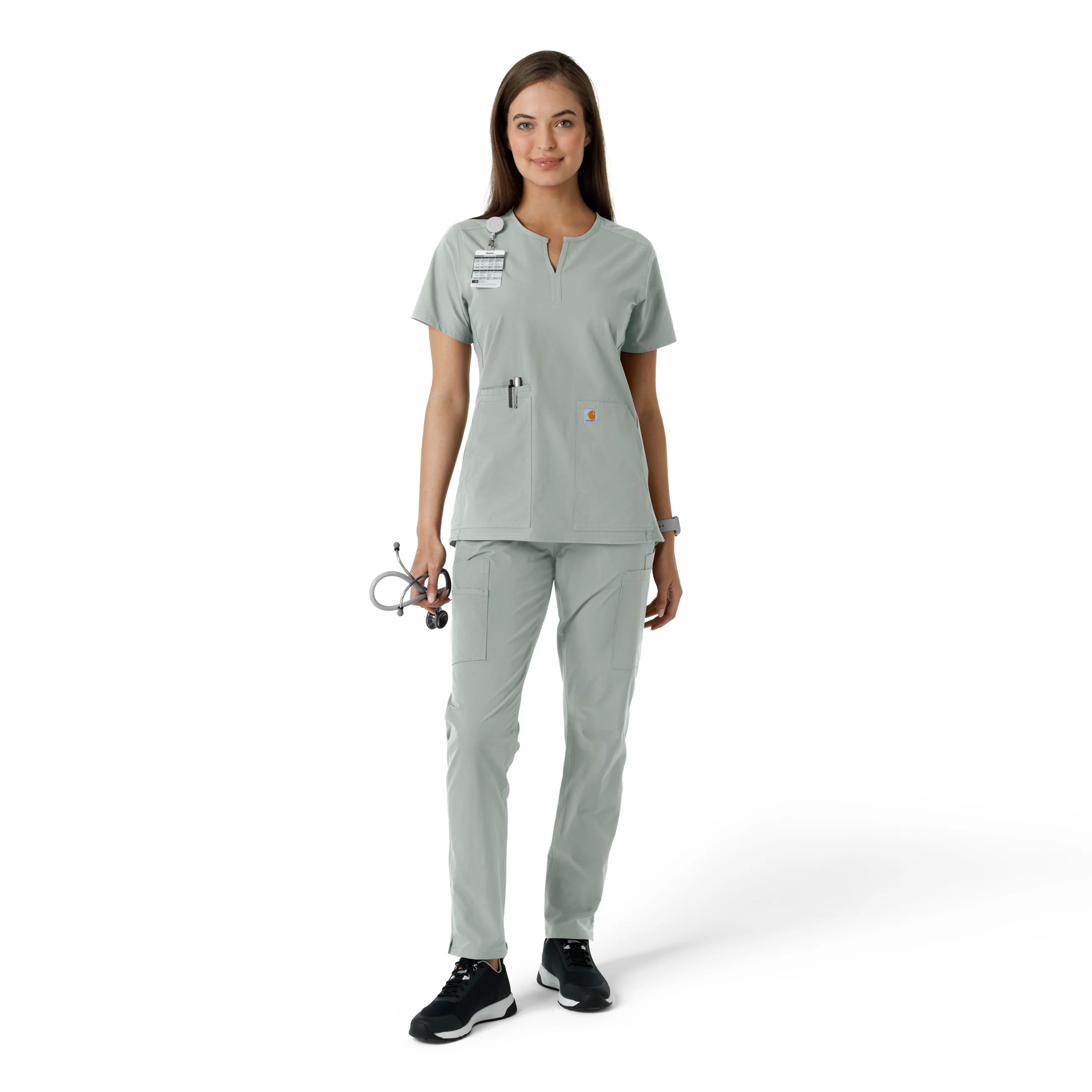 Carhartt Force Essentials Women's Notch Neck Tunic Knit Panel Scrub Top - Grey - Image 3
