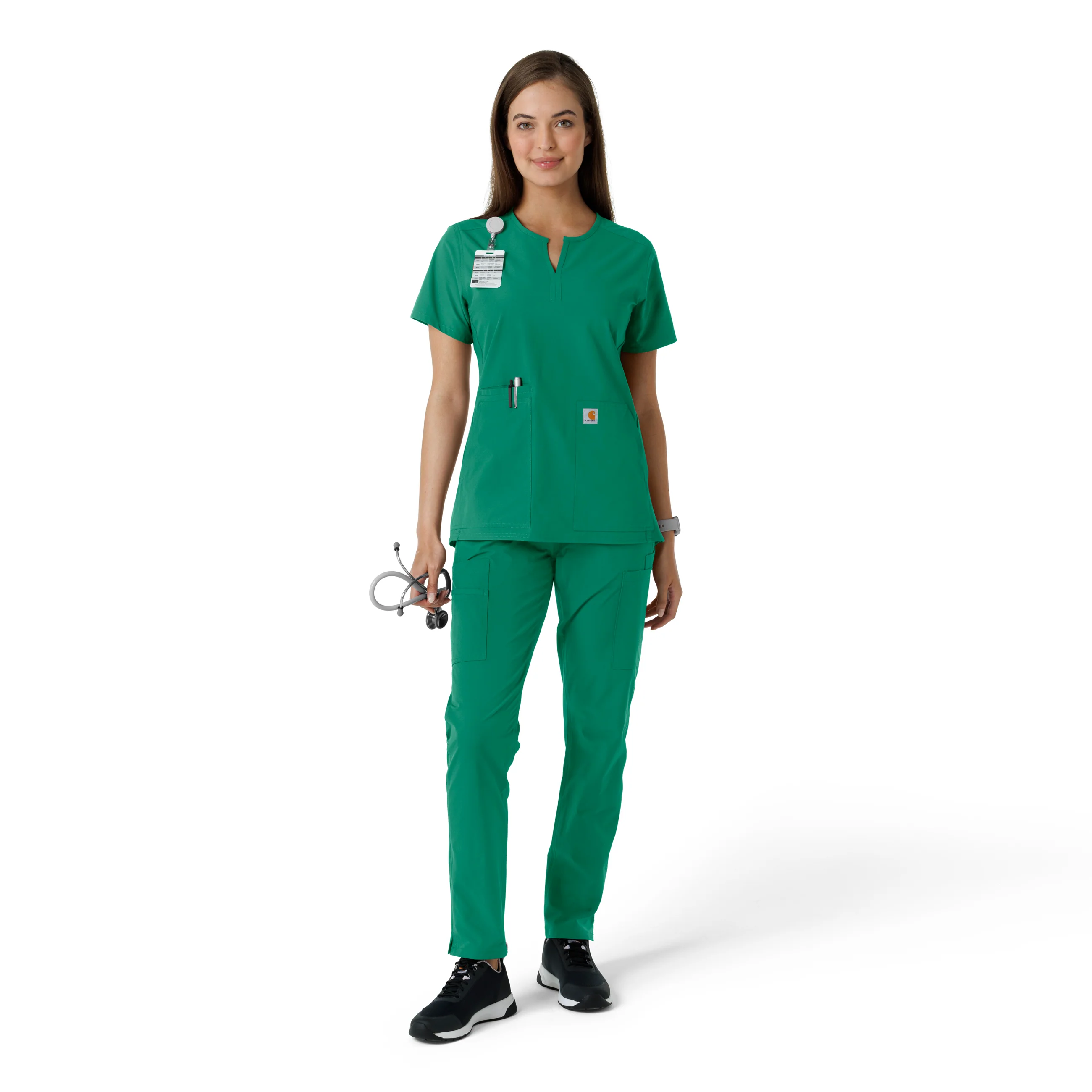 Carhartt Force Essentials Women's Notch Neck Tunic Knit Panel Scrub Top - Hunter - Image 3