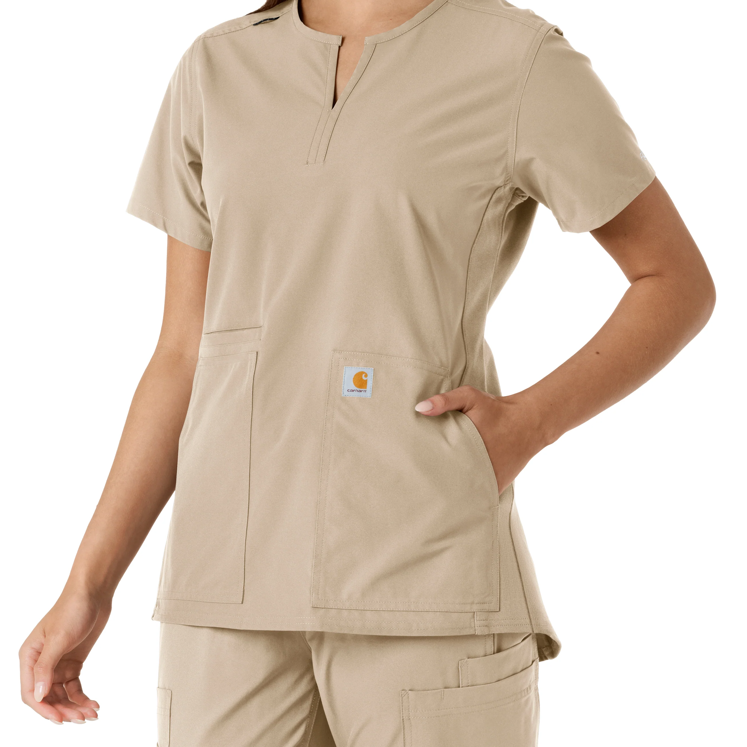 Carhartt Force Essentials Women's Notch Neck Tunic Knit Panel Scrub Top - Khaki - Image 11