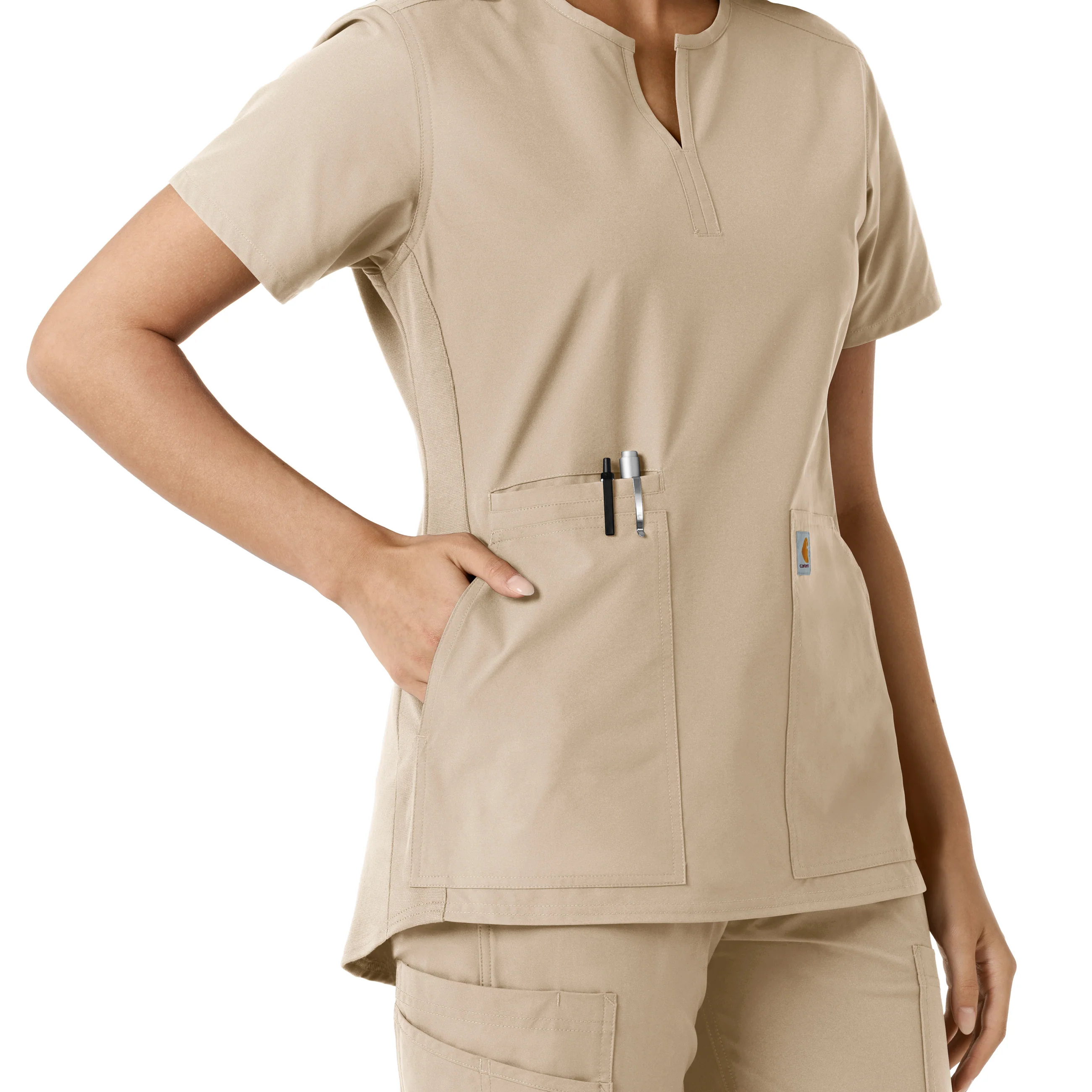 Carhartt Force Essentials Women's Notch Neck Tunic Knit Panel Scrub Top - Khaki - Image 8