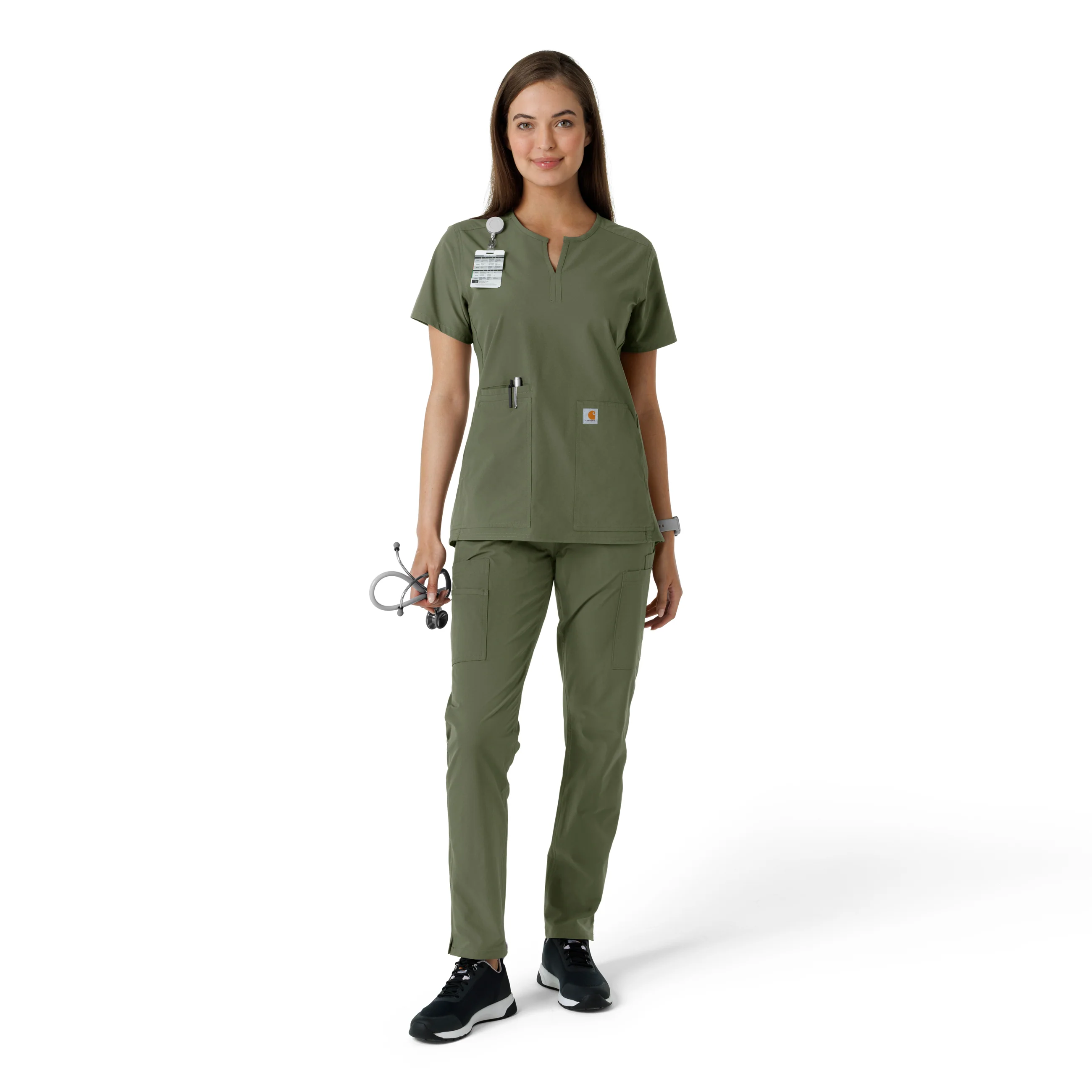 Carhartt Force Essentials Women's Notch Neck Tunic Knit Panel Scrub Top - Olive - Image 3