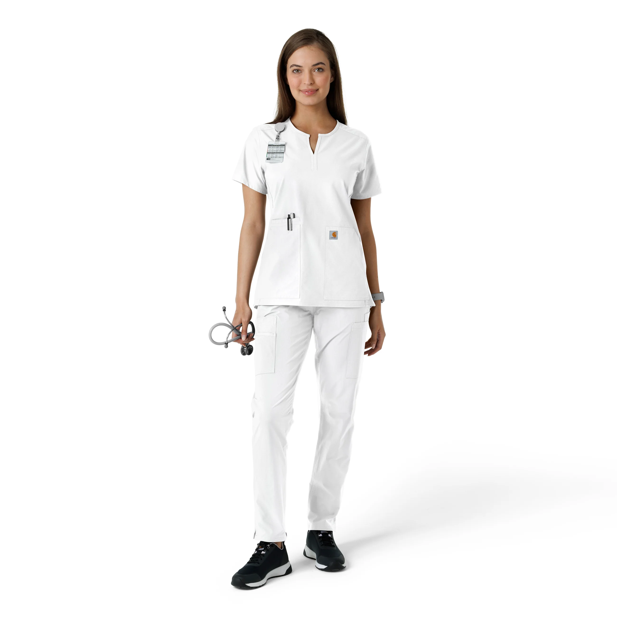 Carhartt Force Essentials Women's Notch Neck Tunic Knit Panel Scrub Top - White - Image 3