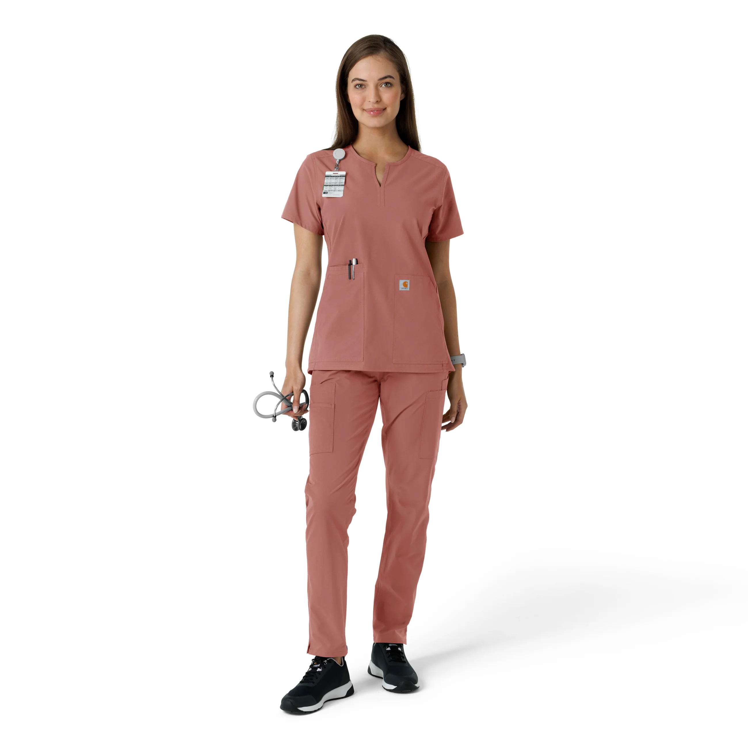 Carhartt Force Essentials Women's Notch Neck Tunic Knit Panel Scrub Top - Wildrose - Image 3