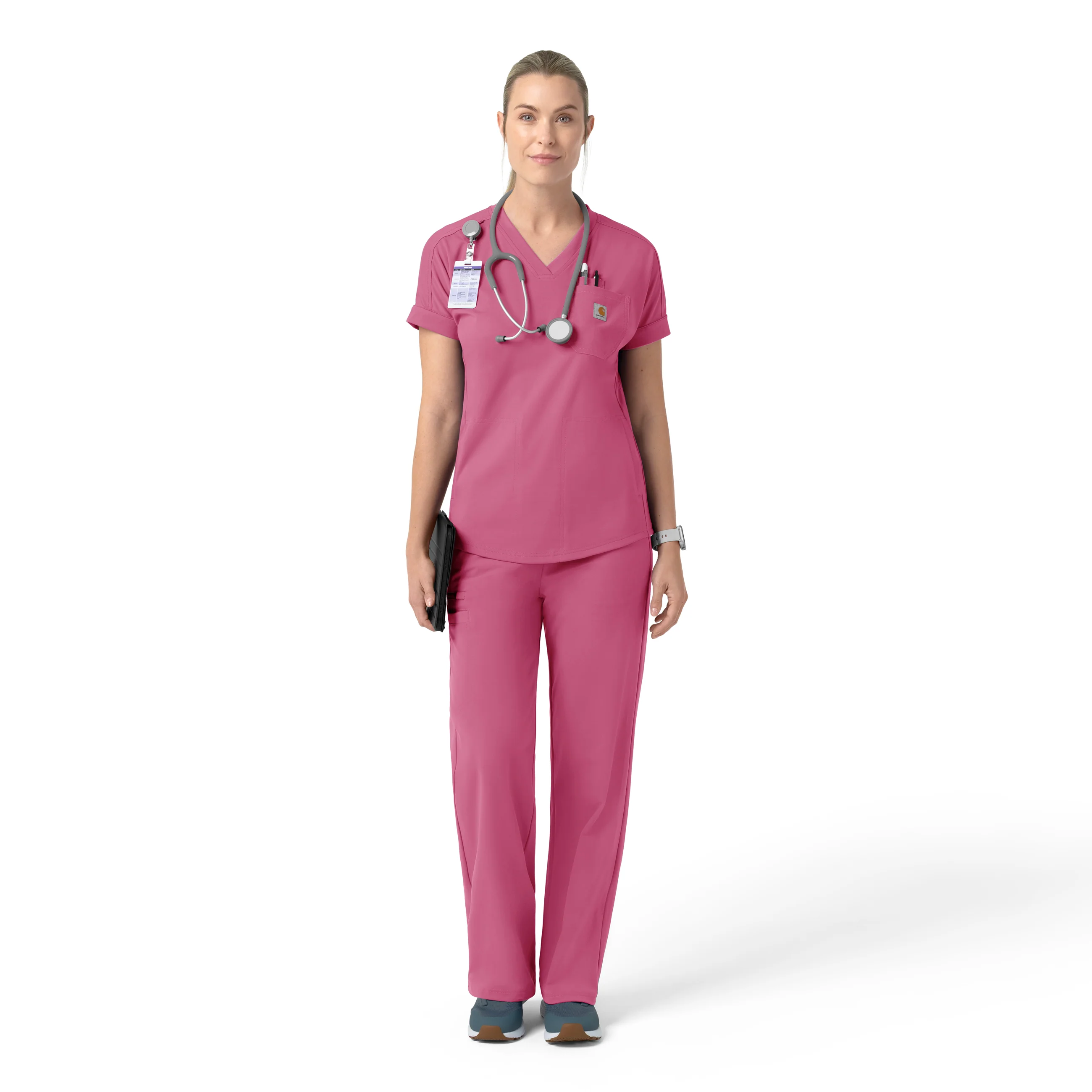 Carhartt Force Cross-Flex Knit Women's V-Neck Scrub Top - Electric Fuschia - Image 3