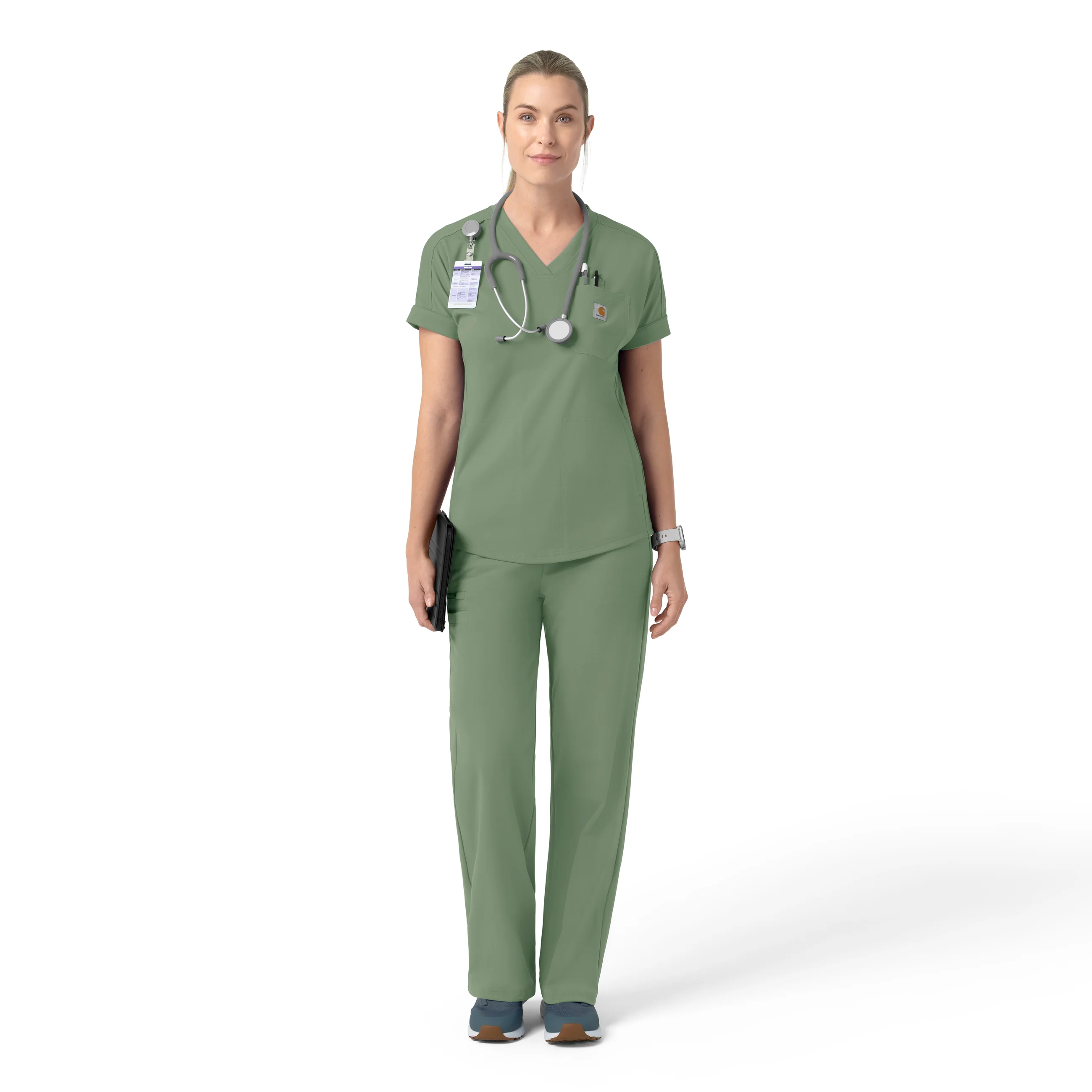 Carhartt Force Cross-Flex Knit Women's V-Neck Scrub Top - Green Slate - Image 3