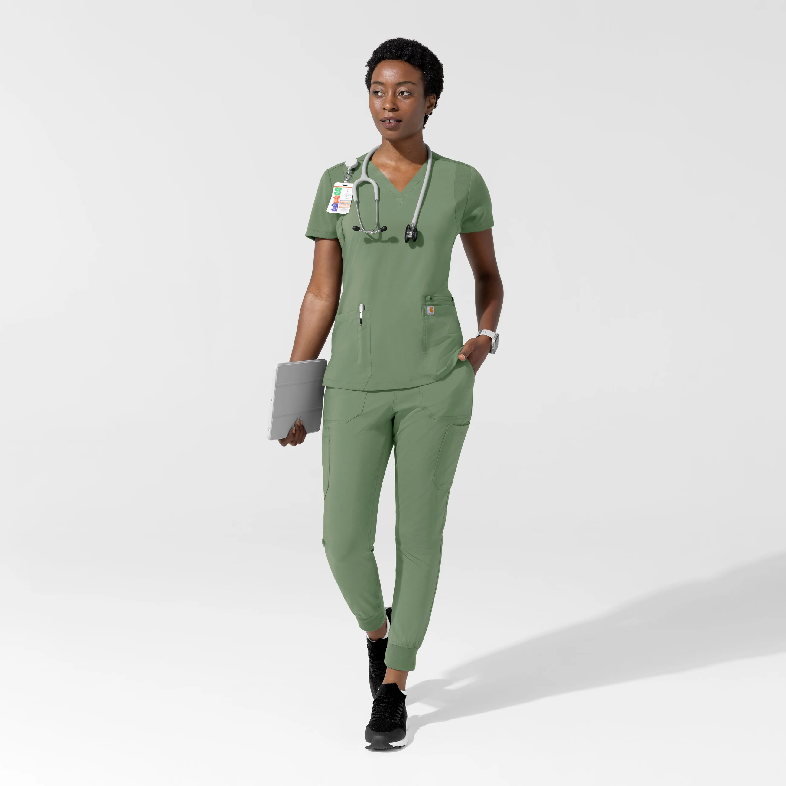 Carhartt Force Cross-Flex Women's Flex Panel V-Neck Scrub Top - Green Slate - Image 3