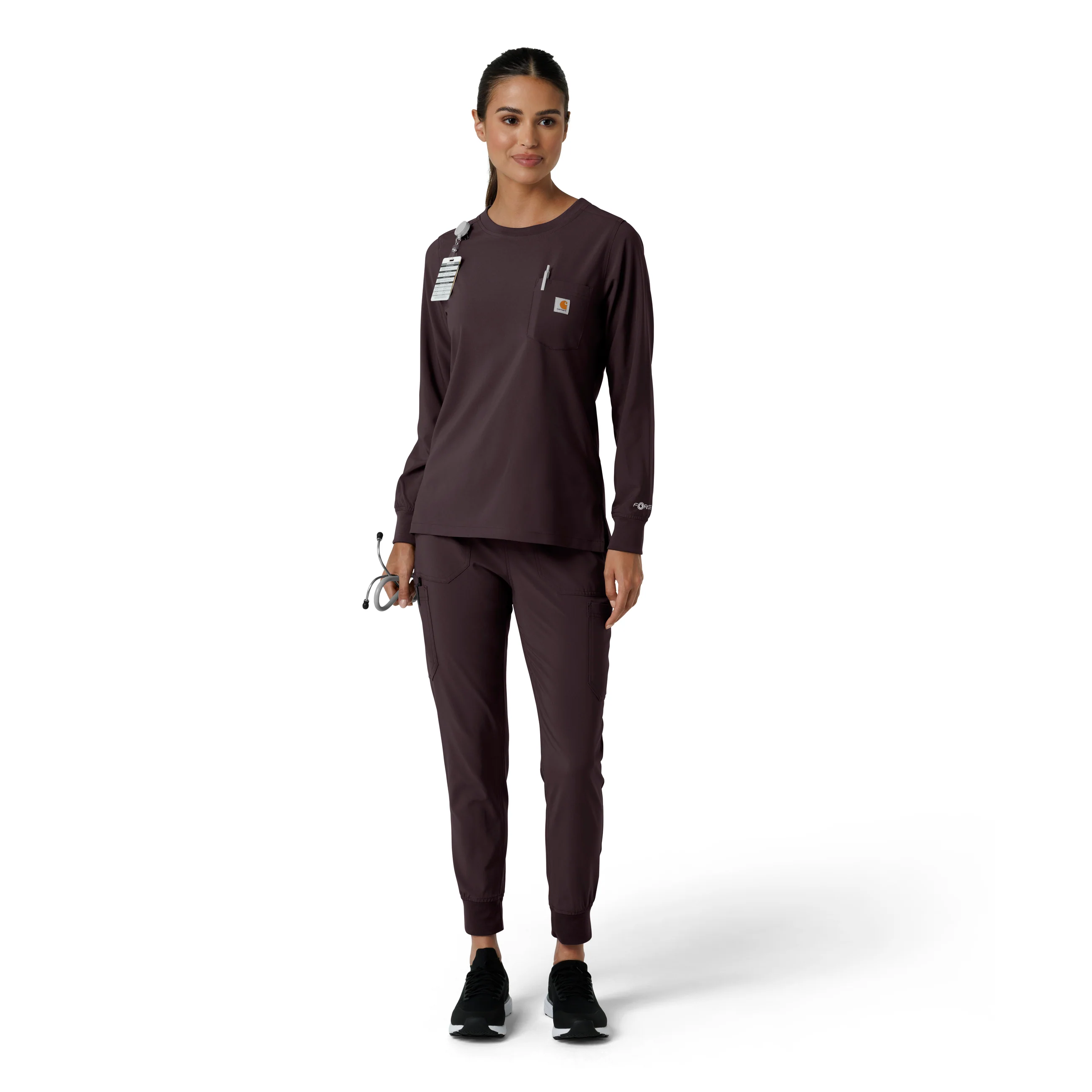 Carhartt Force Cross-Flex Women's Crew Neck Long Sleeve Scrub Top - Dark Sepia - Image 3