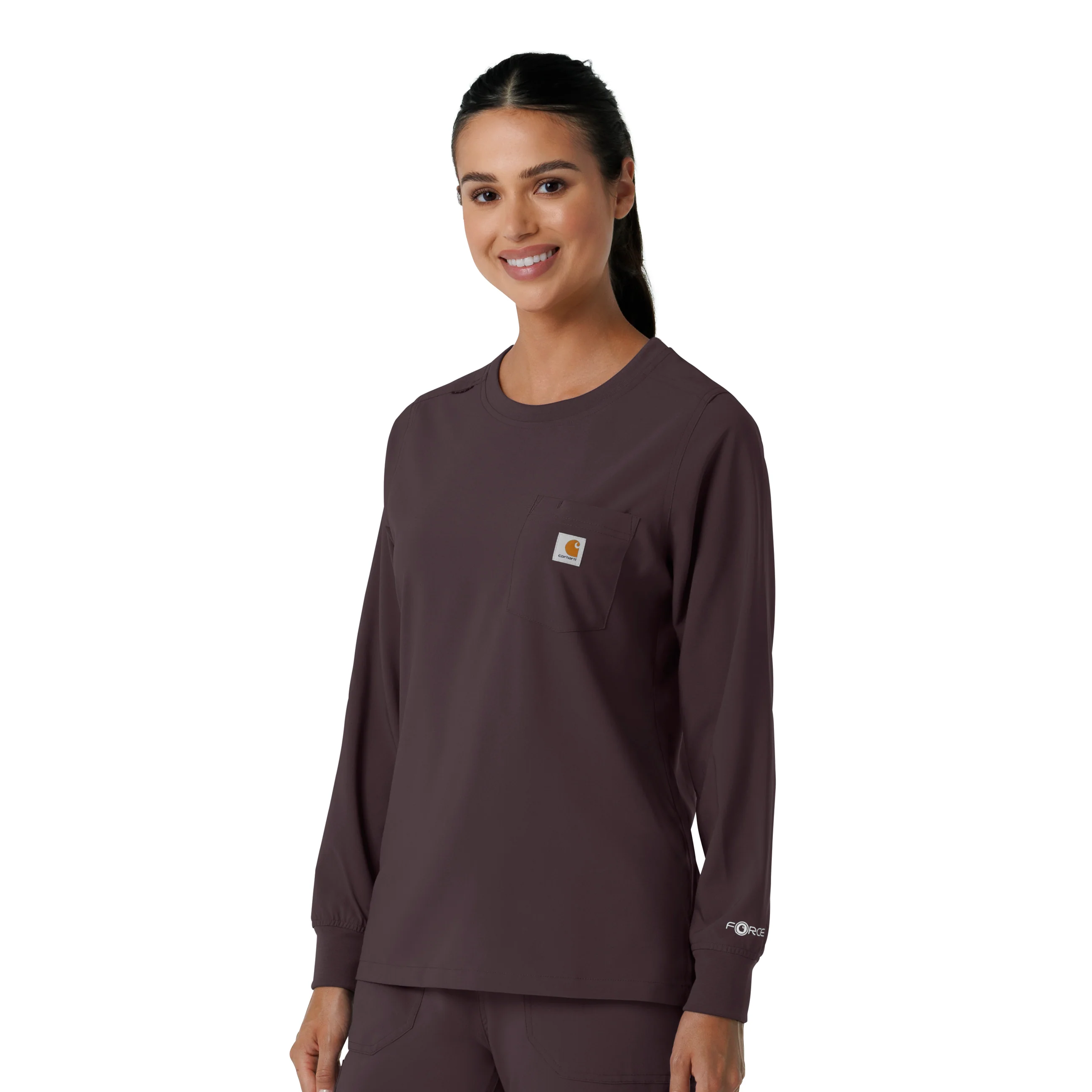 Carhartt Force Cross-Flex Women's Crew Neck Long Sleeve Scrub Top - Dark Sepia - Image 4