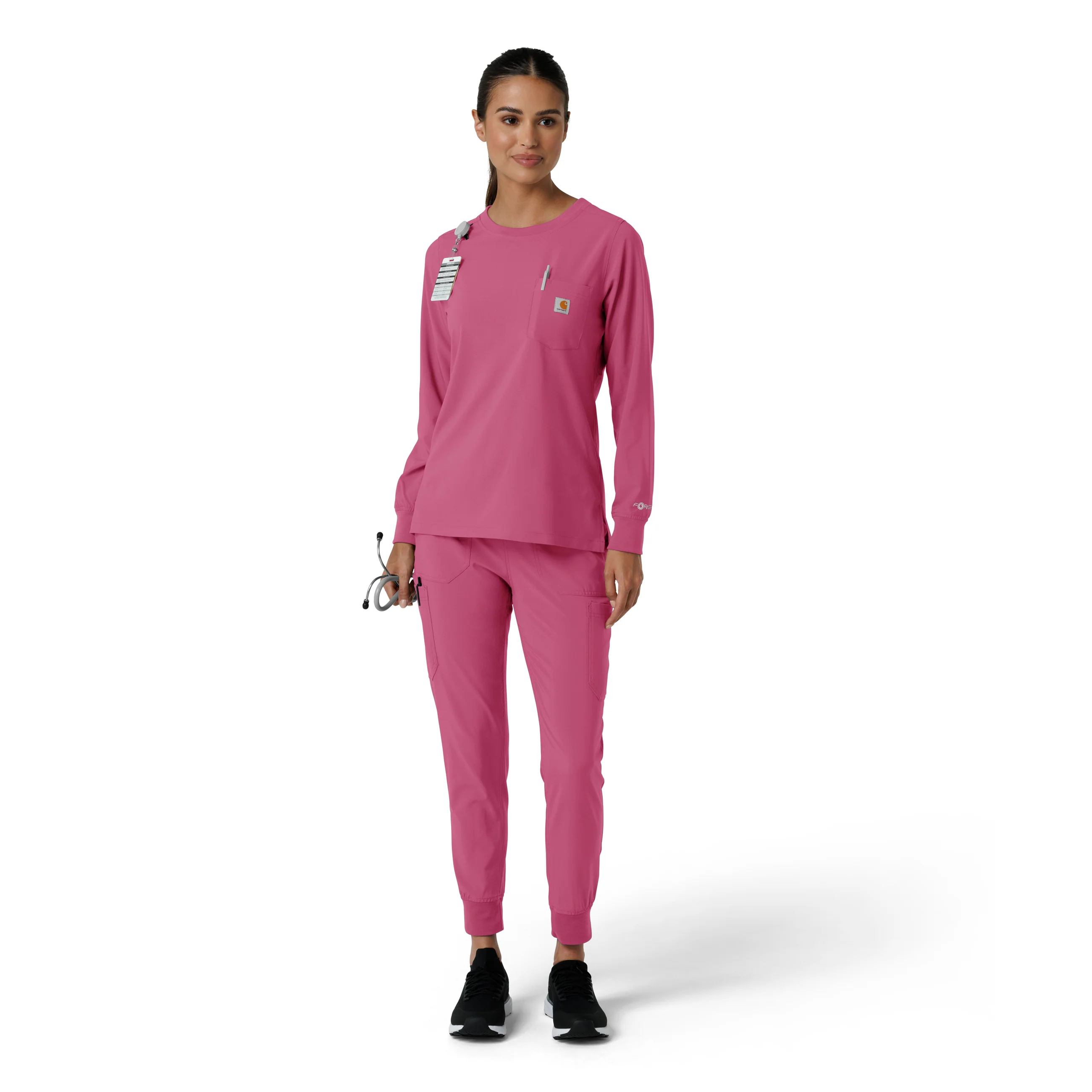 Carhartt Force Cross-Flex Women's Crew Neck Long Sleeve Scrub Top - Electric Fuschia - Image 3