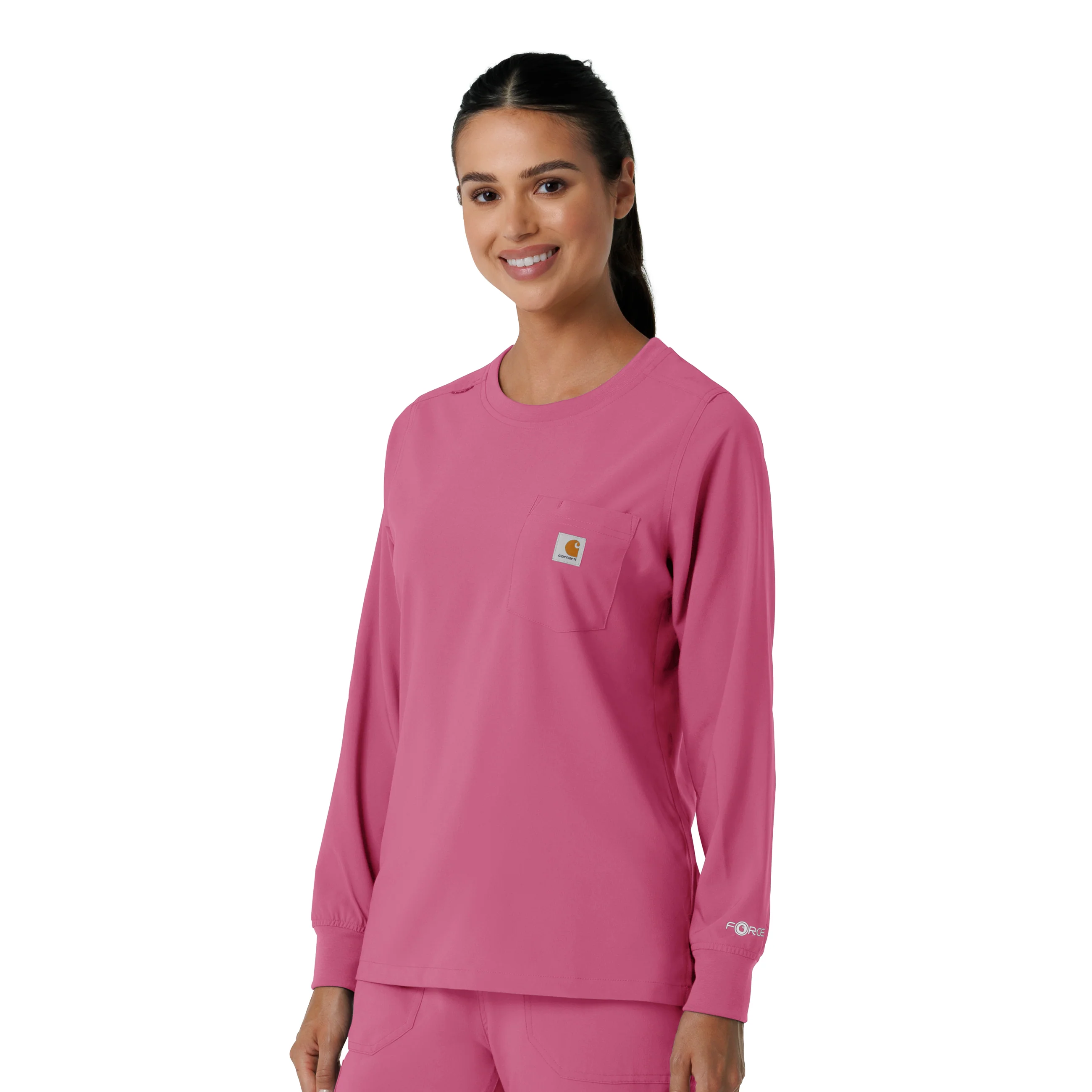 Carhartt Force Cross-Flex Women's Crew Neck Long Sleeve Scrub Top - Electric Fuschia - Image 4