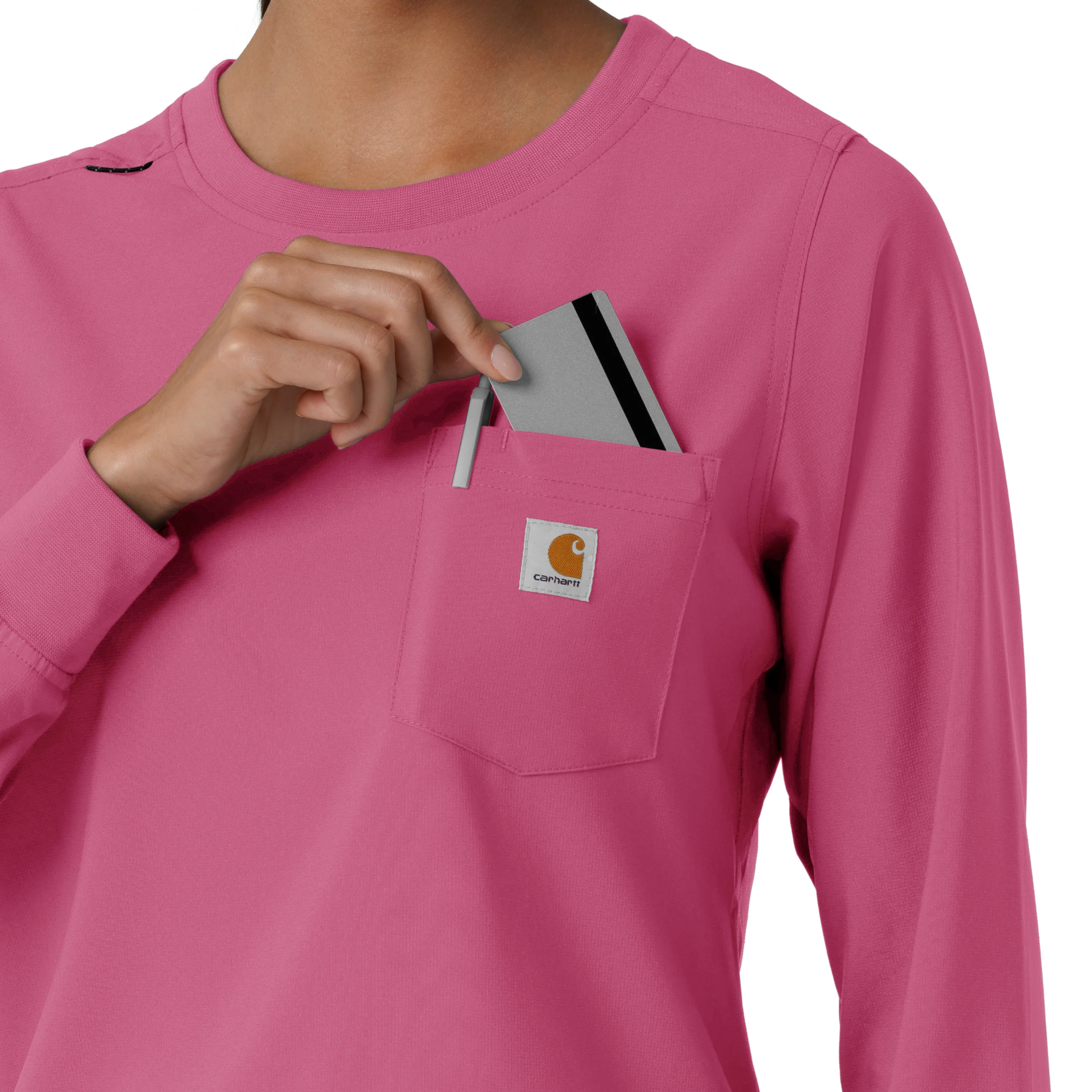 Carhartt Force Cross-Flex Women's Crew Neck Long Sleeve Scrub Top - Electric Fuschia - Image 7