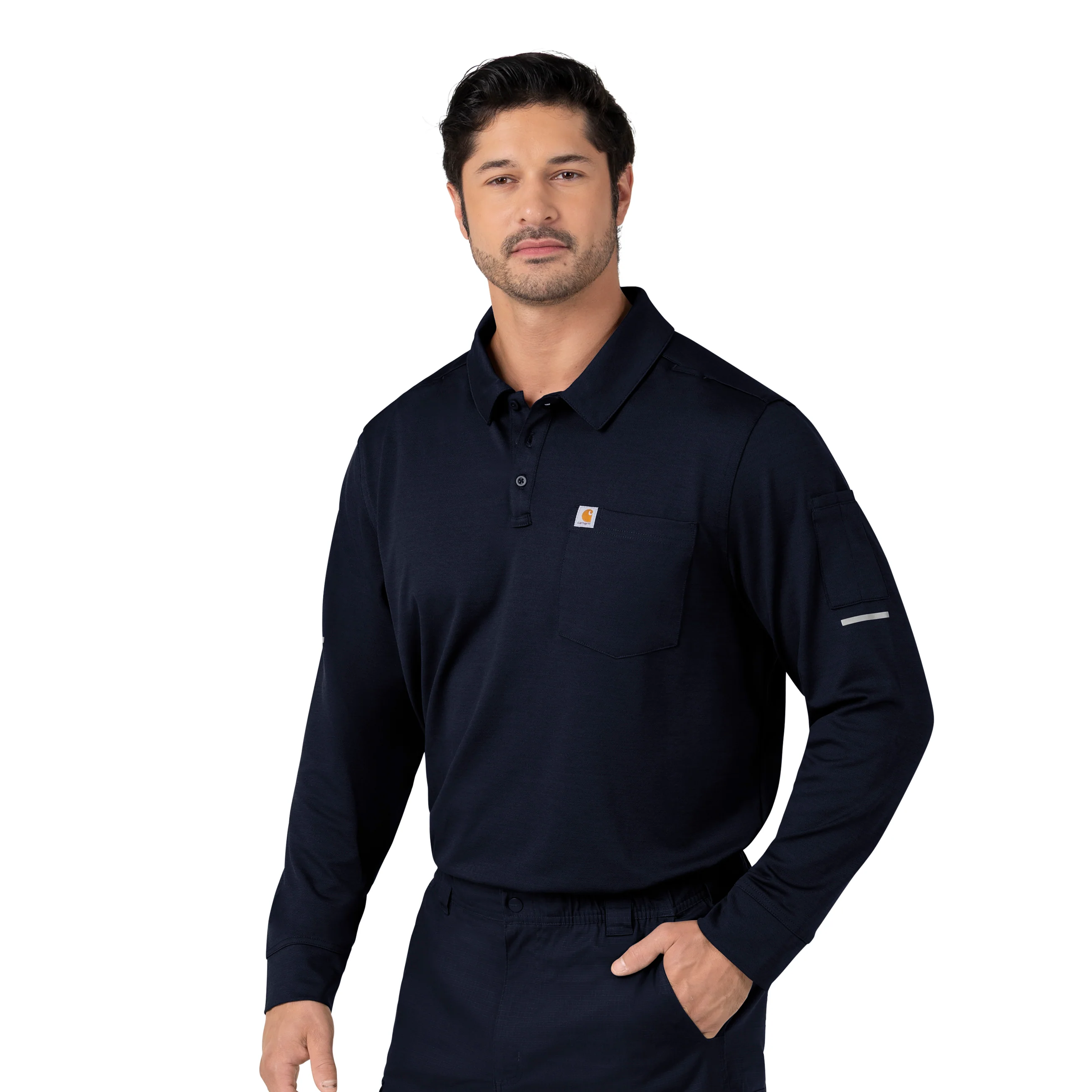 Carhartt Rugged Flex RSCU Men's Heavyweight Long Sleeve Polo Scrub Top - Dark Navy - Image 4