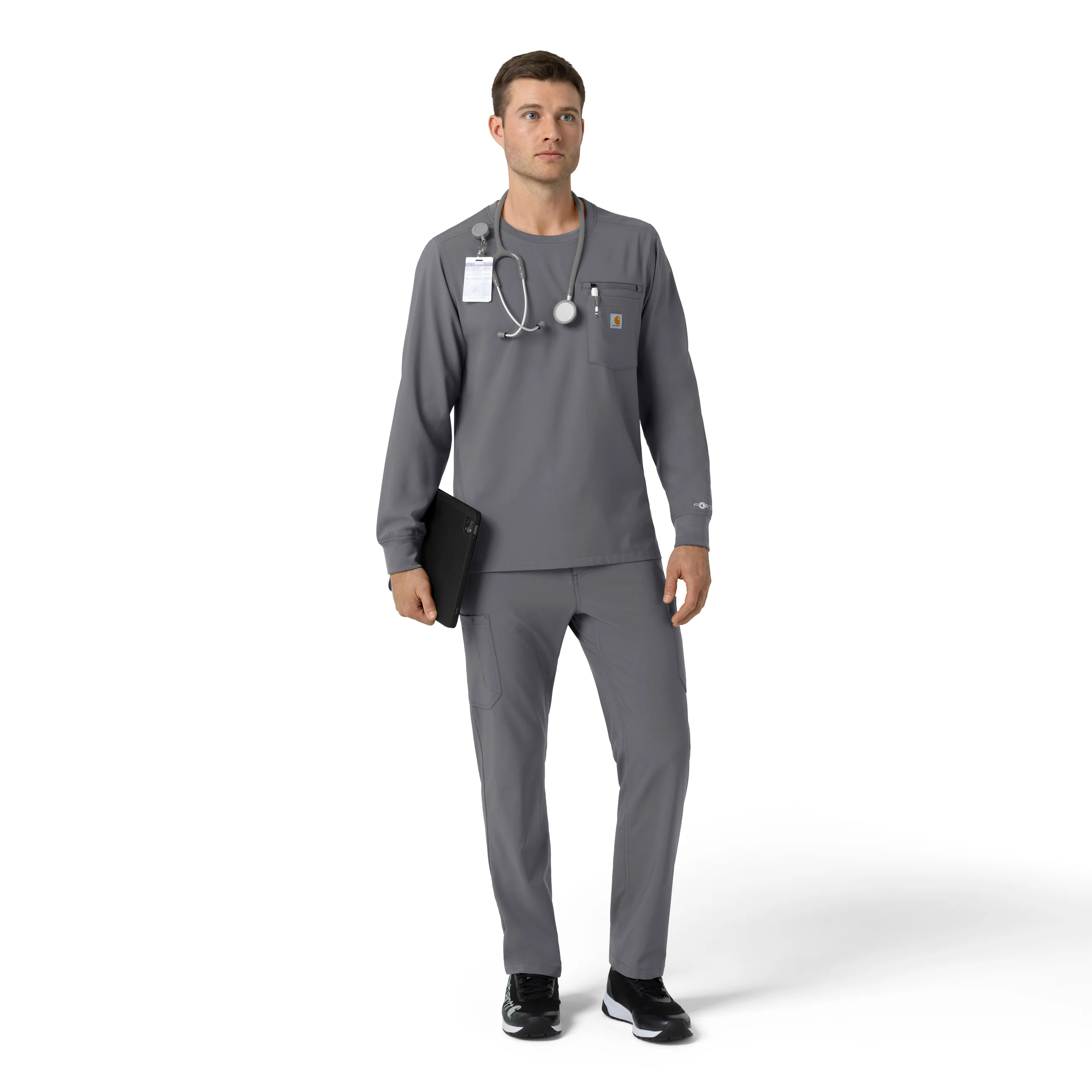 Carhartt Force Cross-Flex Men's Crew Neck Long Sleeve Scrub Top - Pewter - Image 3