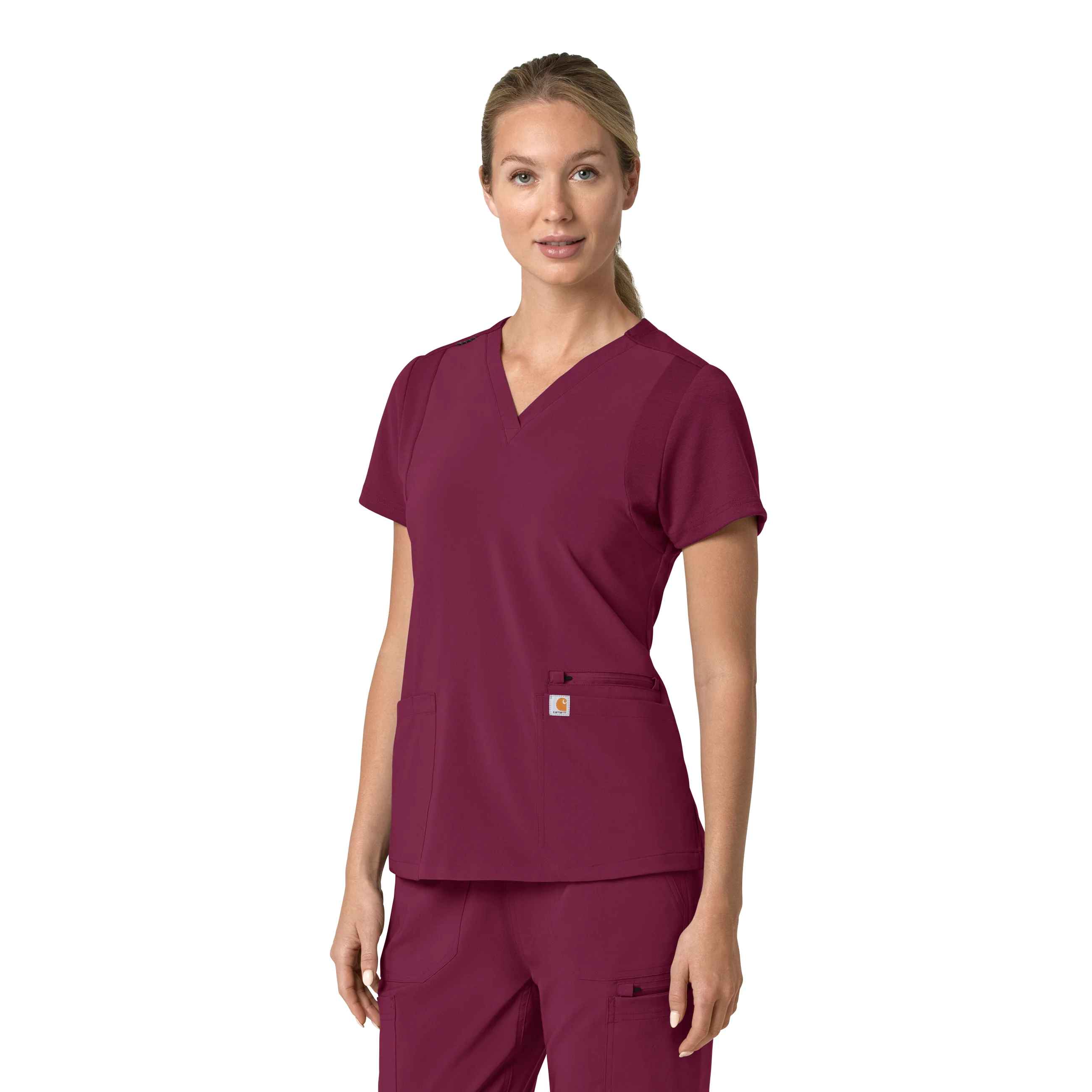Carhartt Force Cross-Flex Women's Flex Panel V-Neck Scrub Top - Wine - Image 3